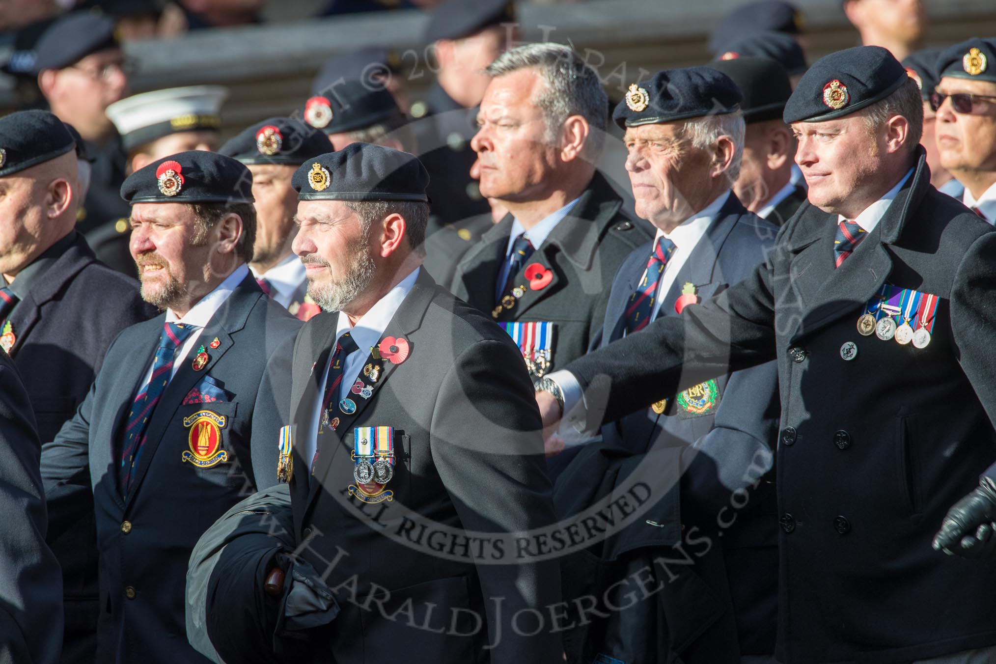 Royal Engineers Bomb Disposal Association (Group B5, 60 members) during the Royal British Legion March Past on Remembrance Sunday at the Cenotaph, Whitehall, Westminster, London, 11 November 2018, 12:06.