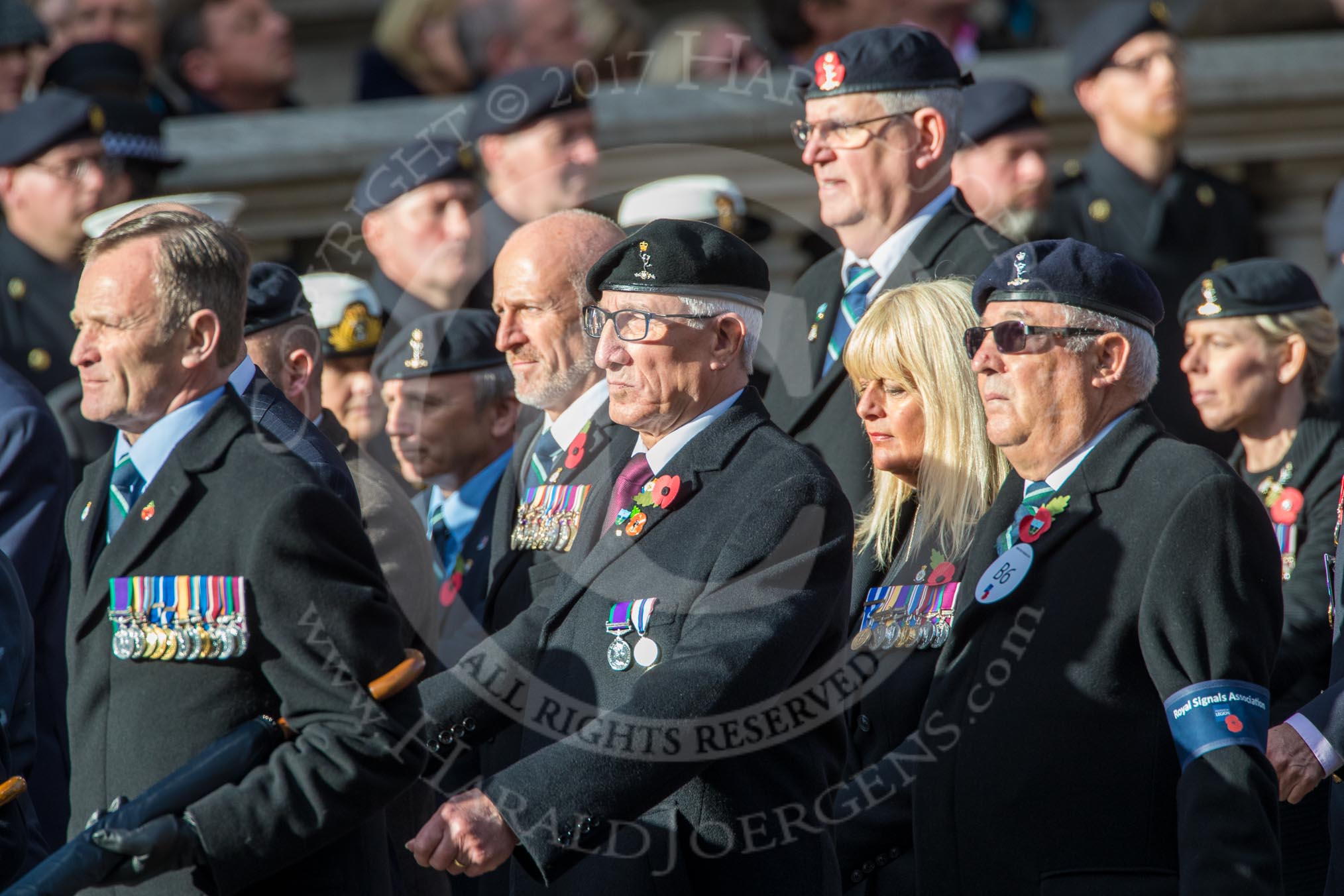 Royal Signals Association (Group B6, 49 members) during the Royal British Legion March Past on Remembrance Sunday at the Cenotaph, Whitehall, Westminster, London, 11 November 2018, 12:06.