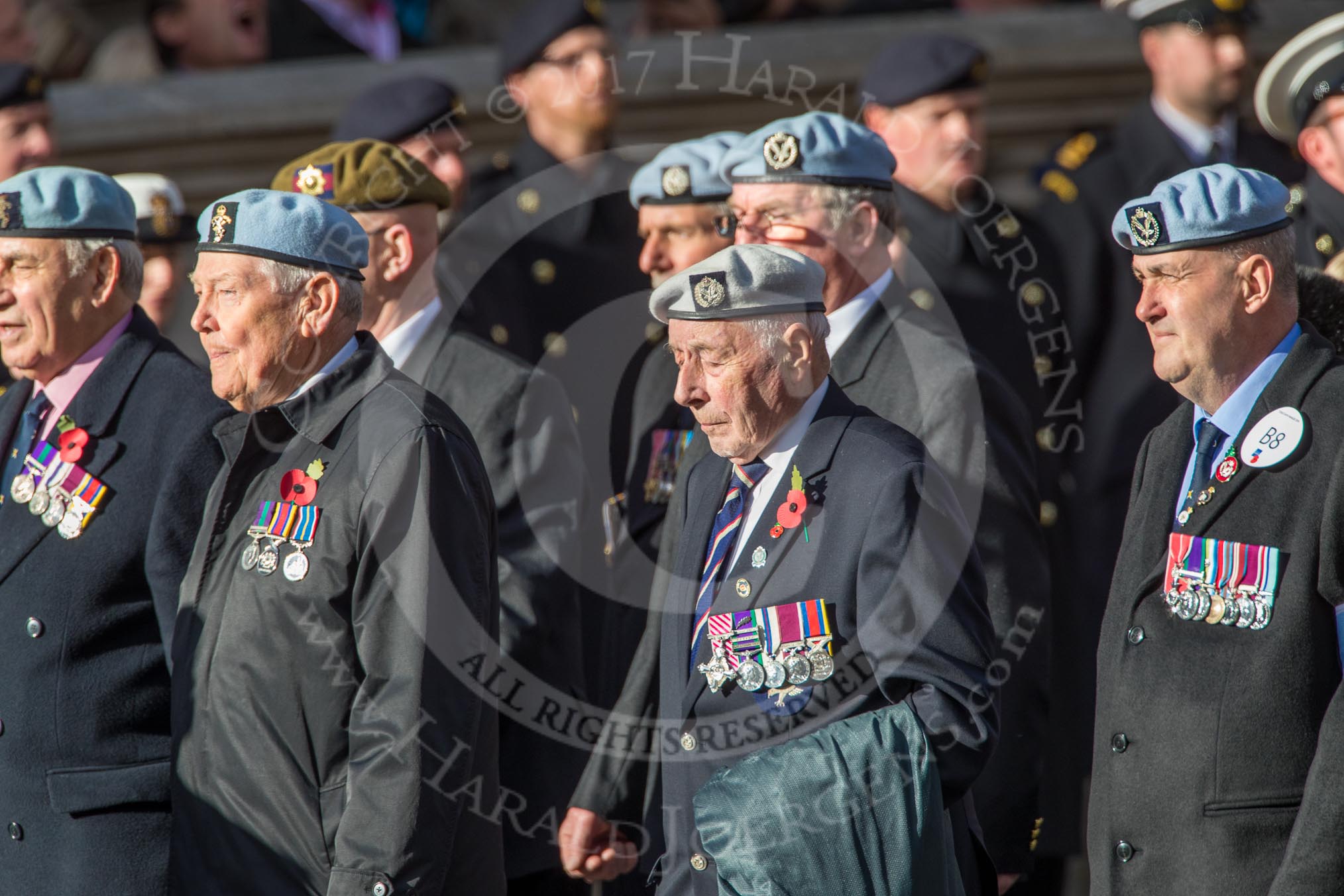 656 Squadron Association (Group B8, 24 members) during the Royal British Legion March Past on Remembrance Sunday at the Cenotaph, Whitehall, Westminster, London, 11 November 2018, 12:07.