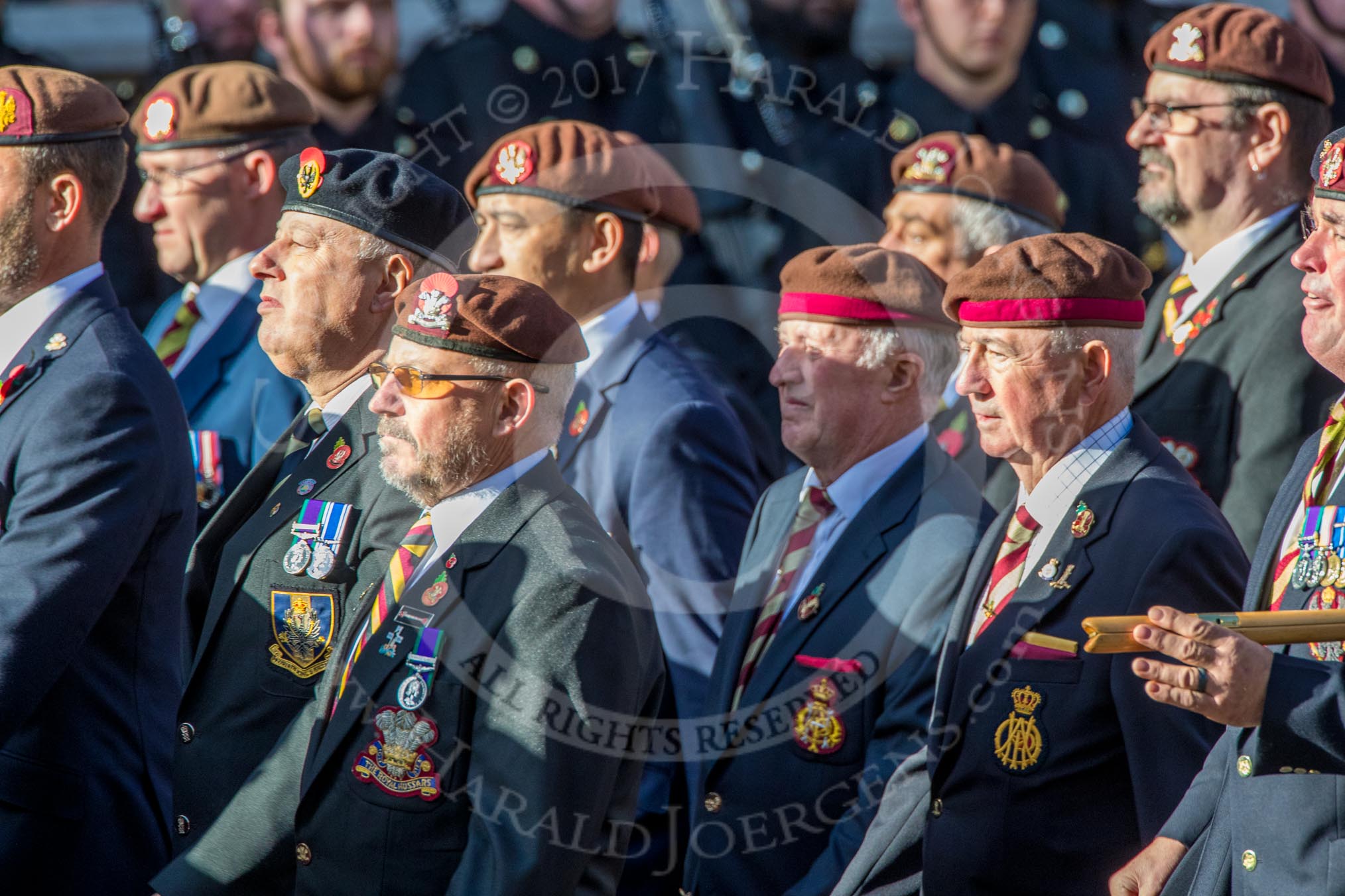 The King's Royal Hussars Regimental Association  (Group B21, 100 members) during the Royal British Legion March Past on Remembrance Sunday at the Cenotaph, Whitehall, Westminster, London, 11 November 2018, 12:10.