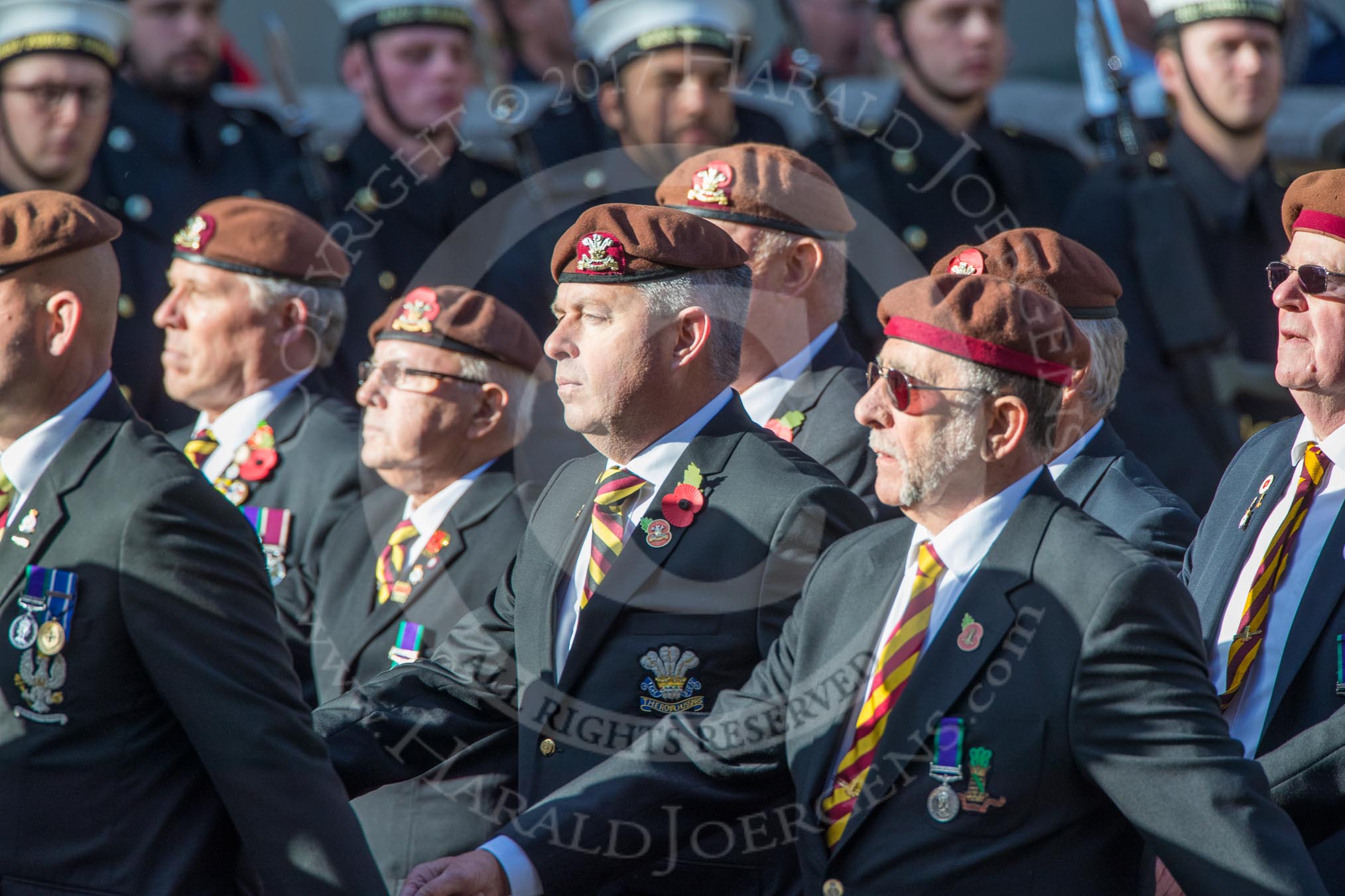The King's Royal Hussars Regimental Association  (Group B21, 100 members) during the Royal British Legion March Past on Remembrance Sunday at the Cenotaph, Whitehall, Westminster, London, 11 November 2018, 12:10.
