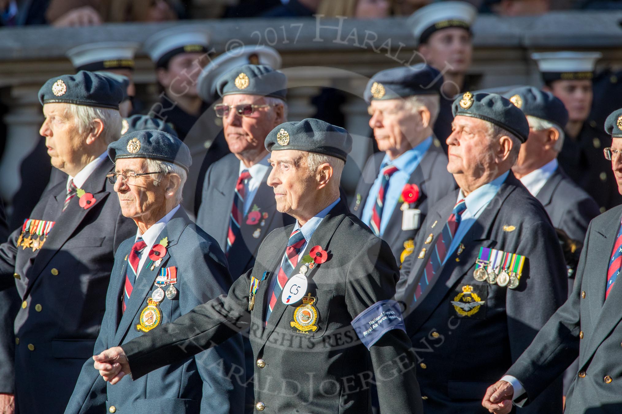 National Service(Royal Air Force)Association (NS(RAF)A) (Group C5, 39 members) during the Royal British Legion March Past on Remembrance Sunday at the Cenotaph, Whitehall, Westminster, London, 11 November 2018, 12:15