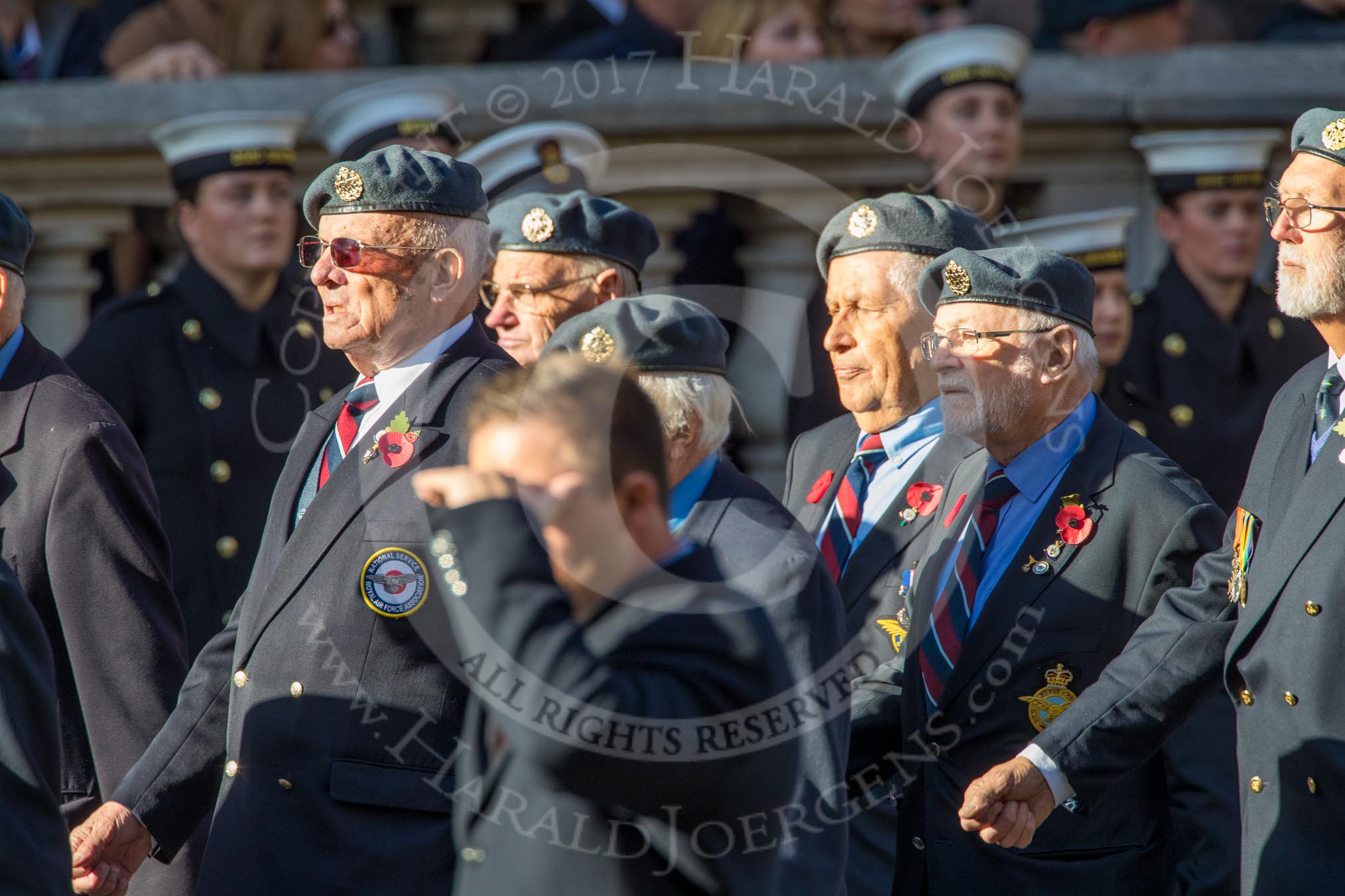 National Service(Royal Air Force)Association (NS(RAF)A) (Group C5, 39 members) during the Royal British Legion March Past on Remembrance Sunday at the Cenotaph, Whitehall, Westminster, London, 11 November 2018, 12:15