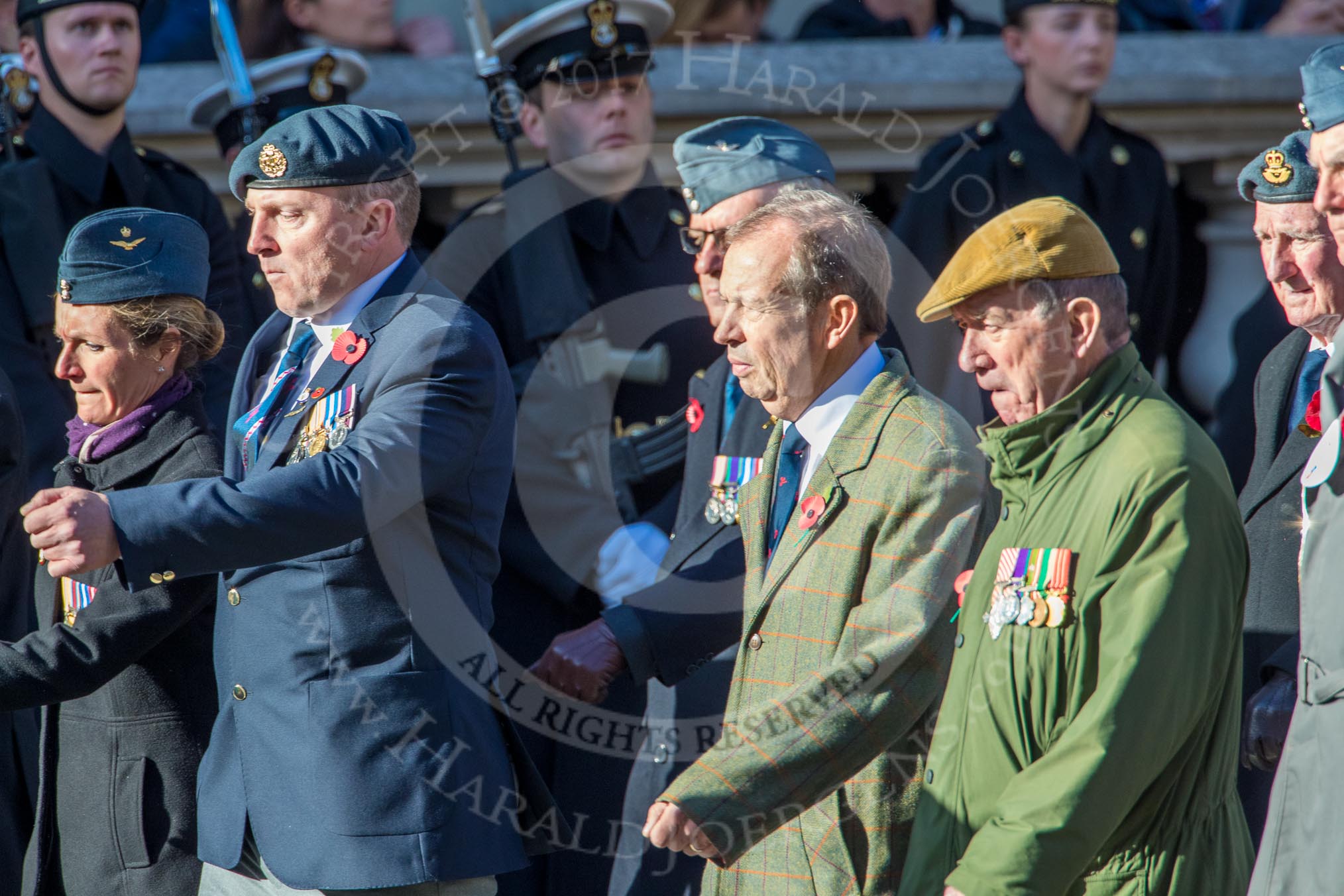 6 Squadron (Royal Air Force) Association (Group C7, 16 members) during the Royal British Legion March Past on Remembrance Sunday at the Cenotaph, Whitehall, Westminster, London, 11 November 2018, 12:15.