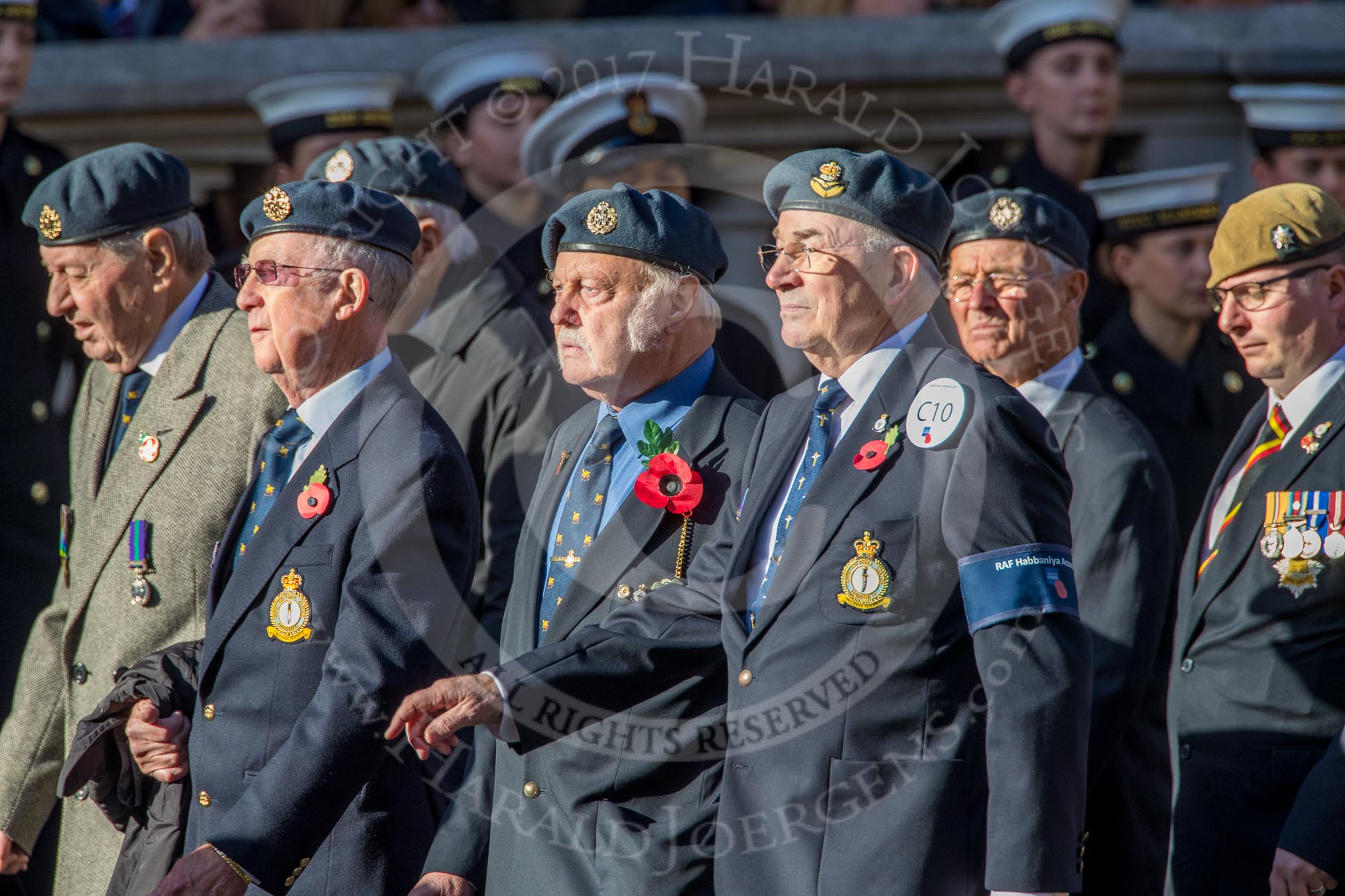 RAF Habbaniya Association (Group C10, 14 members) during the Royal British Legion March Past on Remembrance Sunday at the Cenotaph, Whitehall, Westminster, London, 11 November 2018, 12:16.