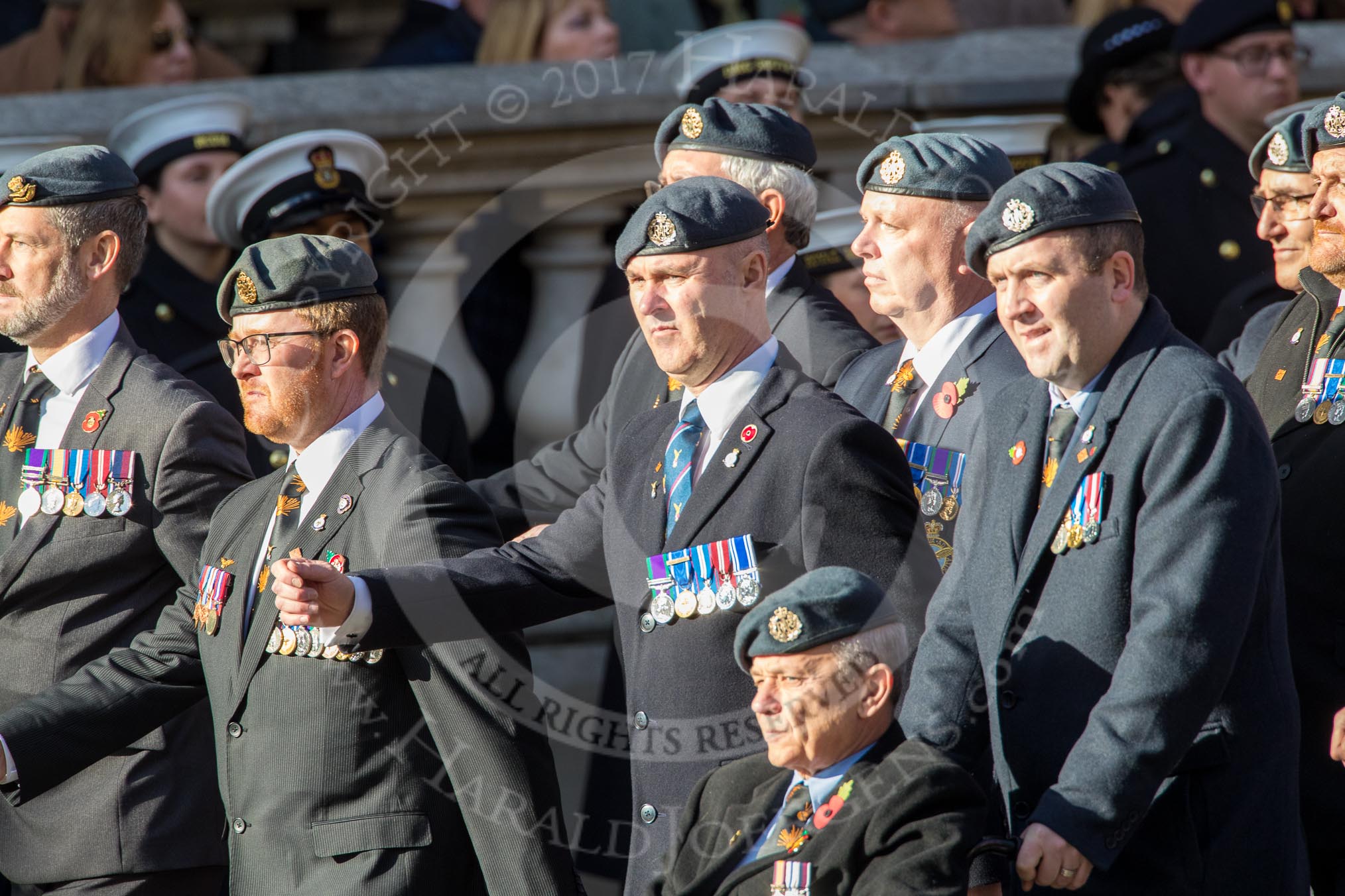 Royal Air Forces Association Armourers Branch (Group C26, 45 members) during the Royal British Legion March Past on Remembrance Sunday at the Cenotaph, Whitehall, Westminster, London, 11 November 2018, 12:18.