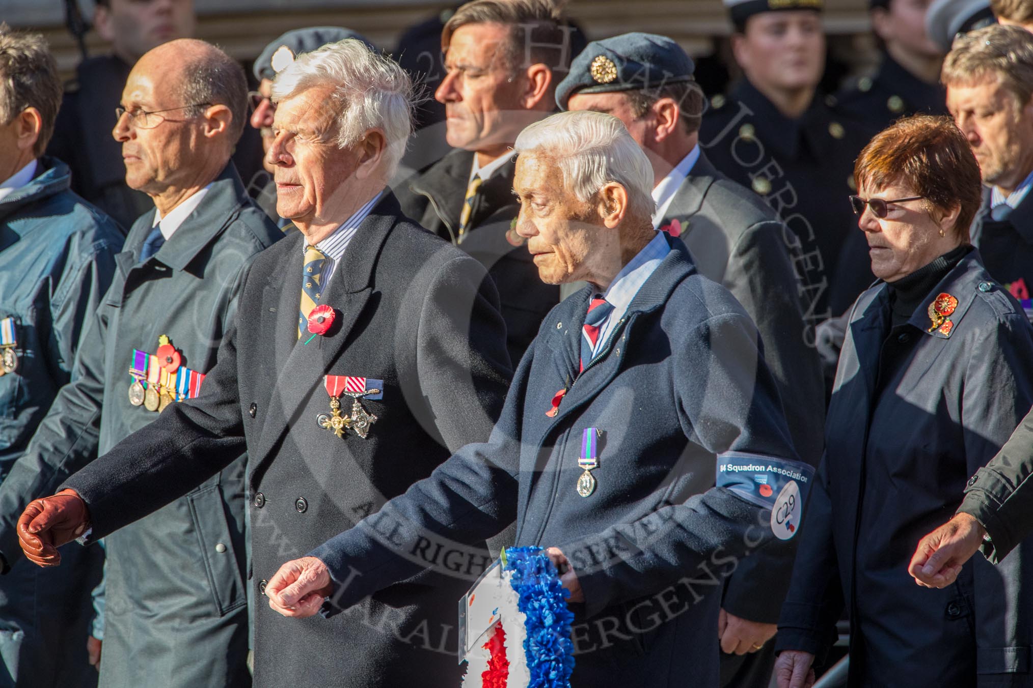 84 Squadron Association (Group C29, 15 members) during the Royal British Legion March Past on Remembrance Sunday at the Cenotaph, Whitehall, Westminster, London, 11 November 2018, 12:19.