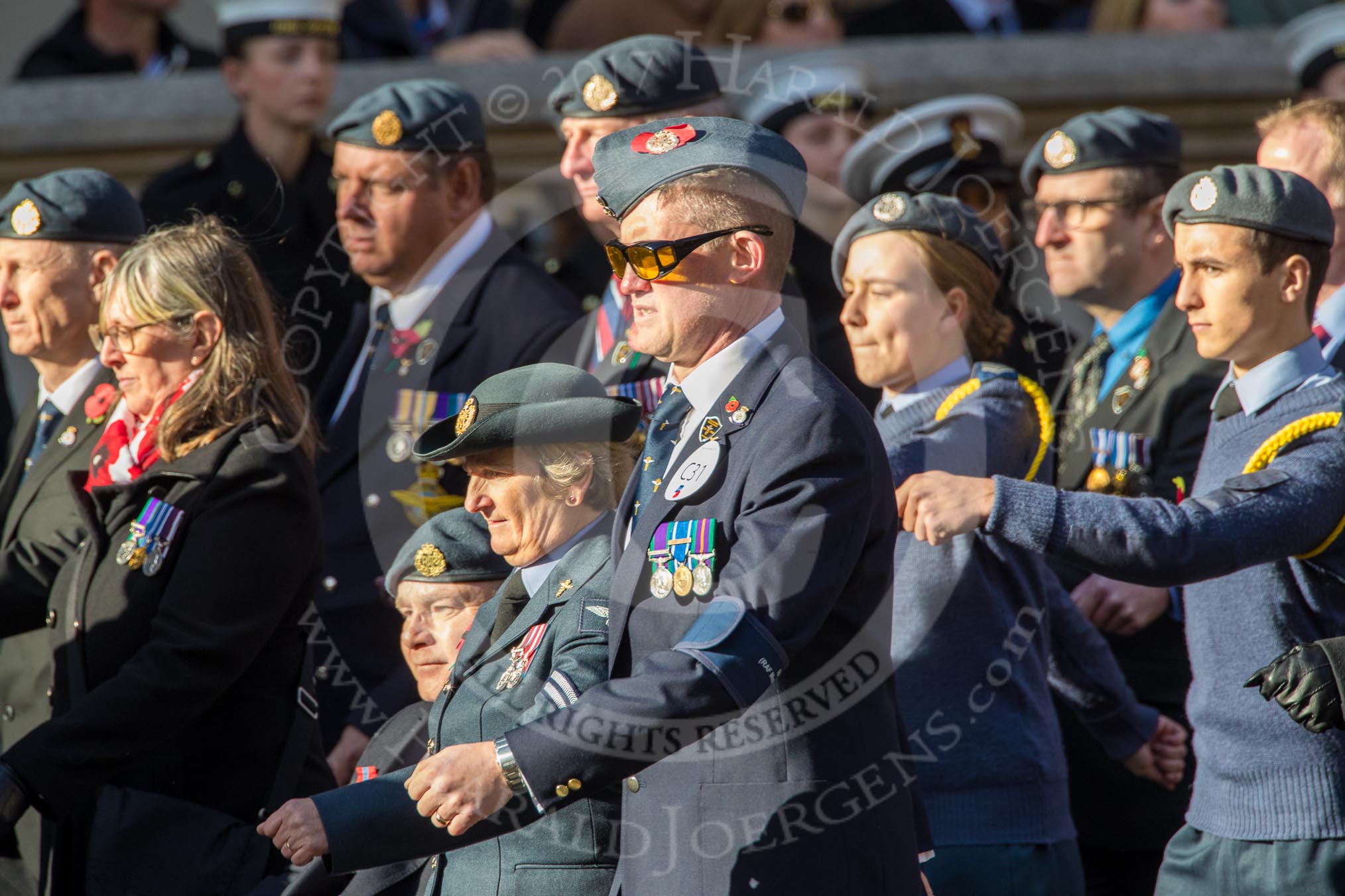 Royal Air Forces Association (Caduceus) branch (Group C31, 22 members) during the Royal British Legion March Past on Remembrance Sunday at the Cenotaph, Whitehall, Westminster, London, 11 November 2018, 12:19.