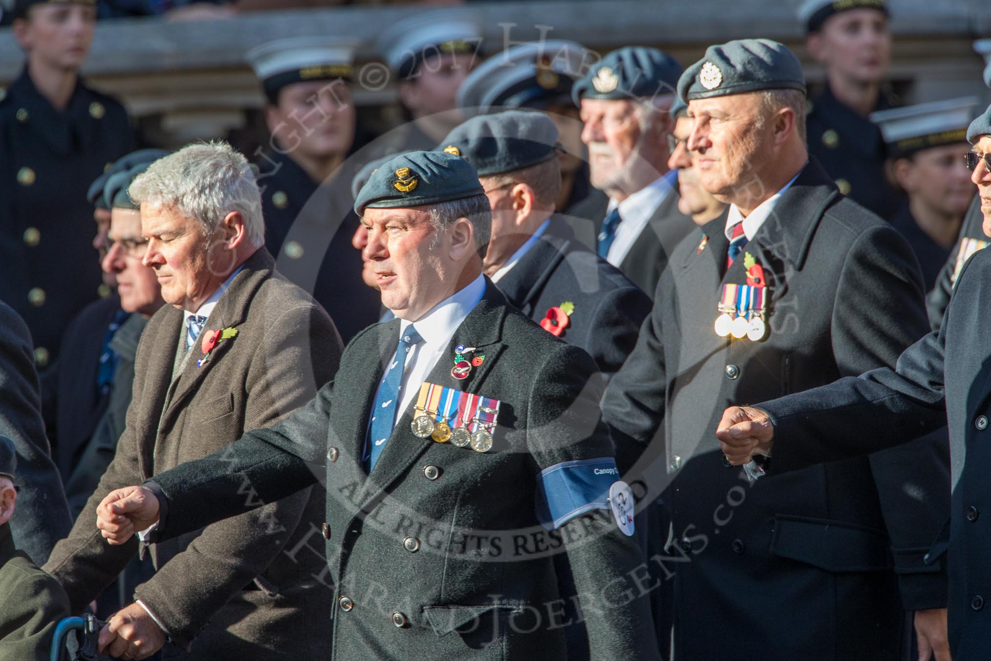 PJI Canopy Club Association (Group C32, 22 members) during the Royal British Legion March Past on Remembrance Sunday at the Cenotaph, Whitehall, Westminster, London, 11 November 2018, 12:19.