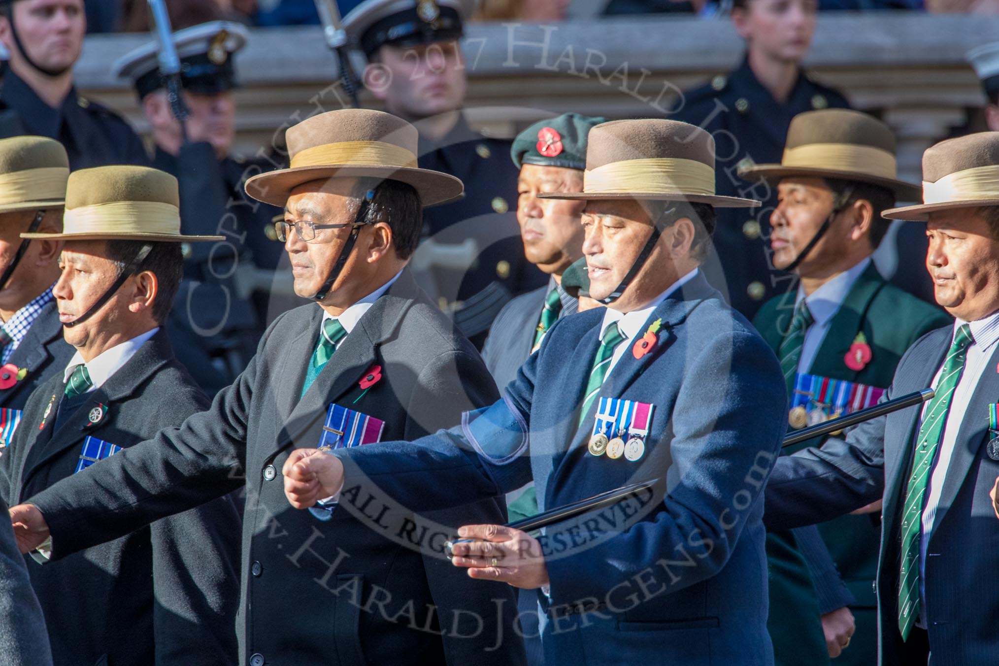British Gurkha Welfare Society (Group D6, 5 members) during the Royal British Legion March Past on Remembrance Sunday at the Cenotaph, Whitehall, Westminster, London, 11 November 2018, 12:21.