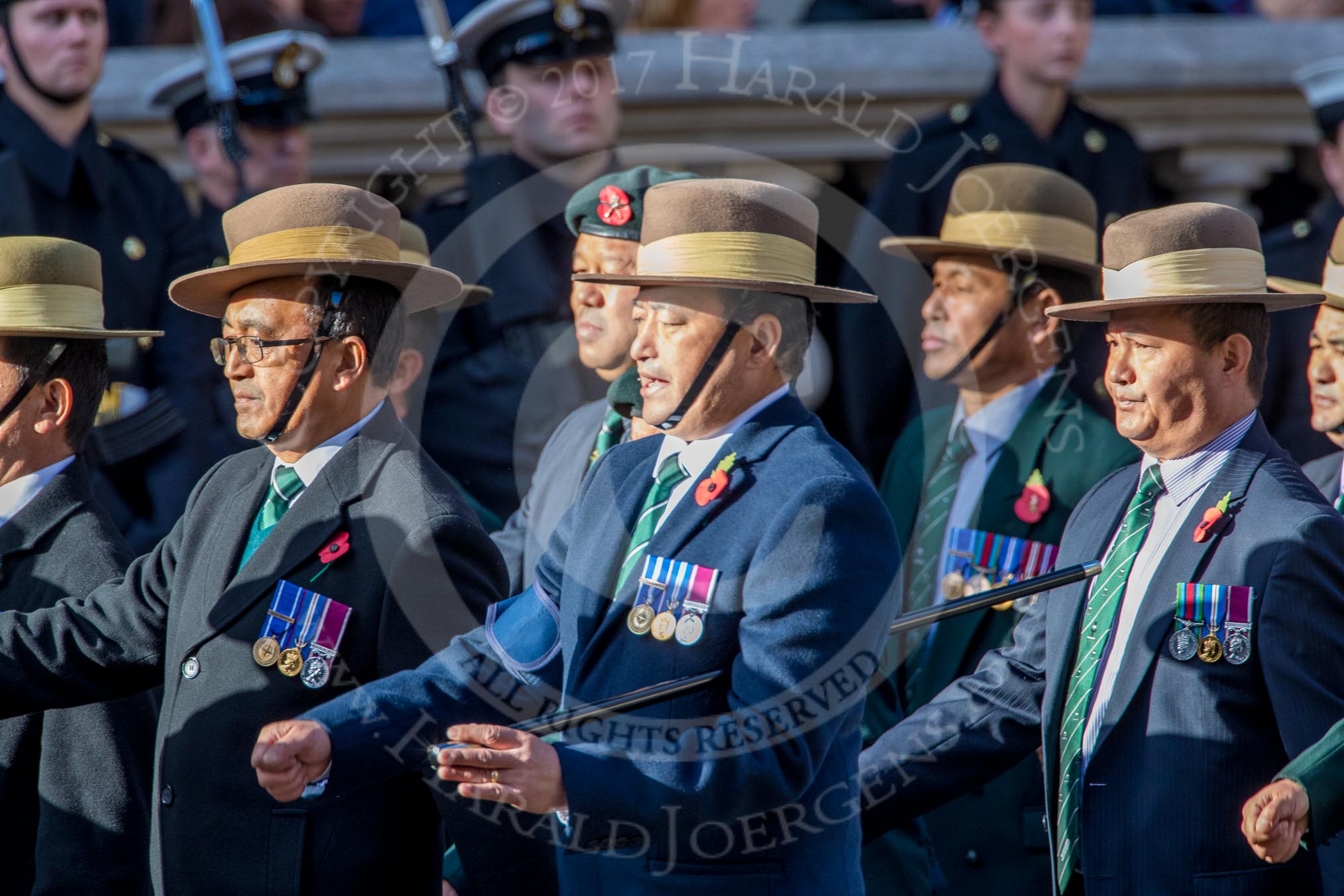 British Gurkha Welfare Society (Group D6, 5 members) during the Royal British Legion March Past on Remembrance Sunday at the Cenotaph, Whitehall, Westminster, London, 11 November 2018, 12:21.