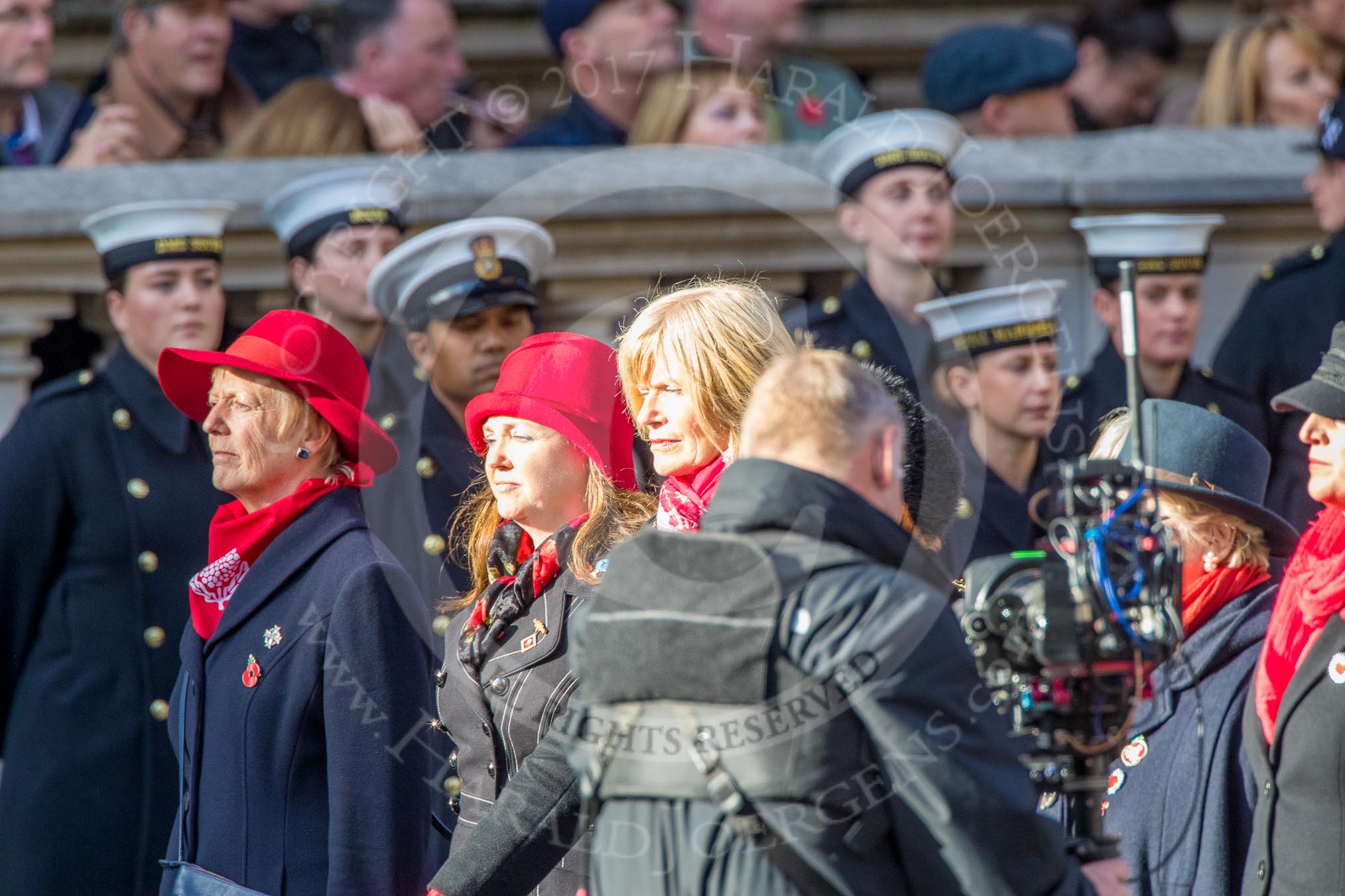 The War Widows' Association  of Great Britain (Group D7, 47 members) during the Royal British Legion March Past on Remembrance Sunday at the Cenotaph, Whitehall, Westminster, London, 11 November 2018, 12:21.