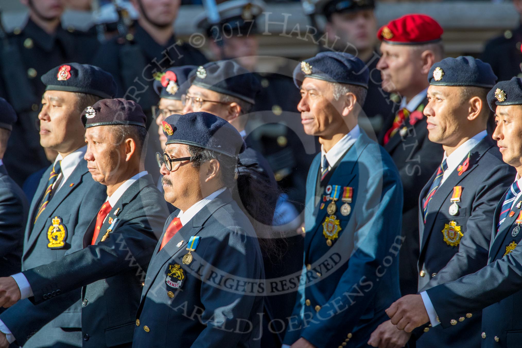 Hong Kong Military Service Corps - HKMSC (Group D21, 36 members) during the Royal British Legion March Past on Remembrance Sunday at the Cenotaph, Whitehall, Westminster, London, 11 November 2018, 12:24.