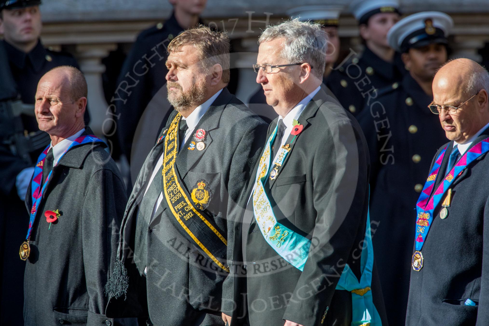 The Royal Antediluvian Order of Buffaloes (Group D24, 12 members) during the Royal British Legion March Past on Remembrance Sunday at the Cenotaph, Whitehall, Westminster, London, 11 November 2018, 12:24.