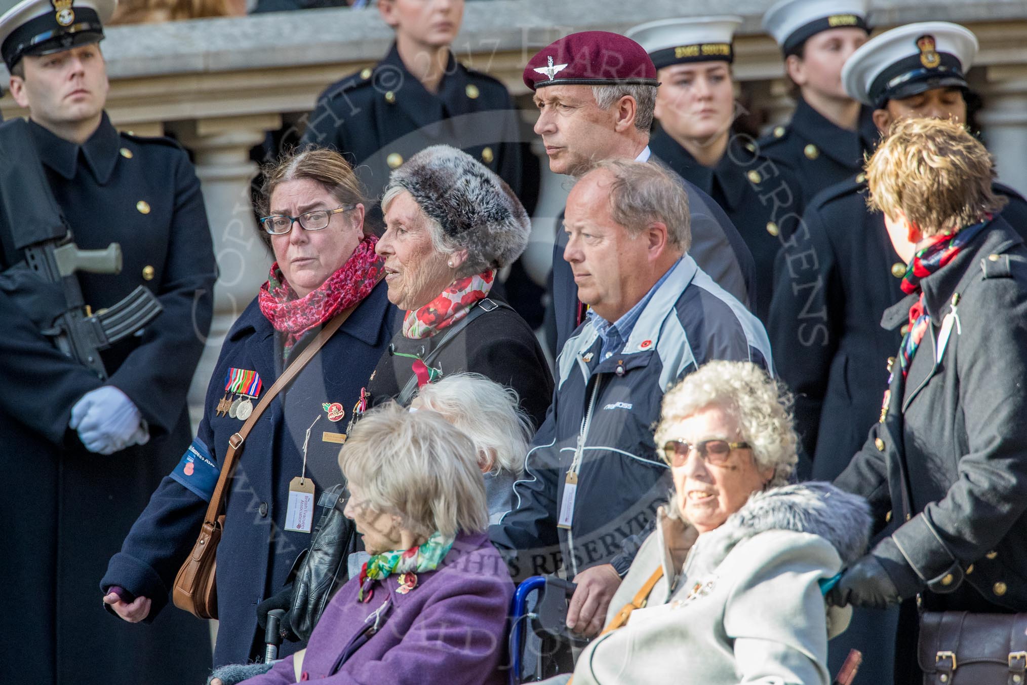 The British Evacuees Association (Group M4, 50 members) during the Royal British Legion March Past on Remembrance Sunday at the Cenotaph, Whitehall, Westminster, London, 11 November 2018, 12:25.