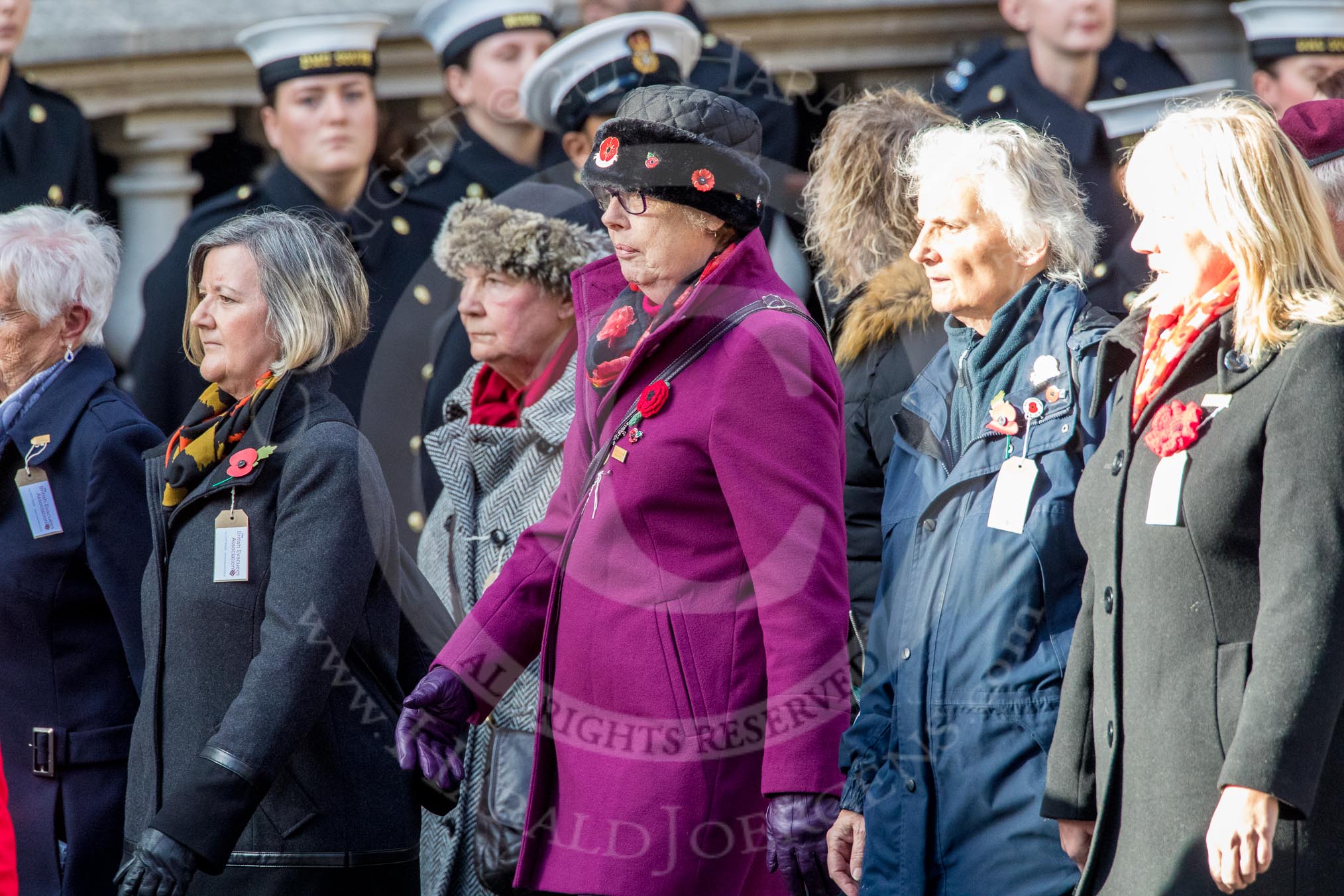 The British Evacuees Association (Group M4, 50 members) during the Royal British Legion March Past on Remembrance Sunday at the Cenotaph, Whitehall, Westminster, London, 11 November 2018, 12:25.