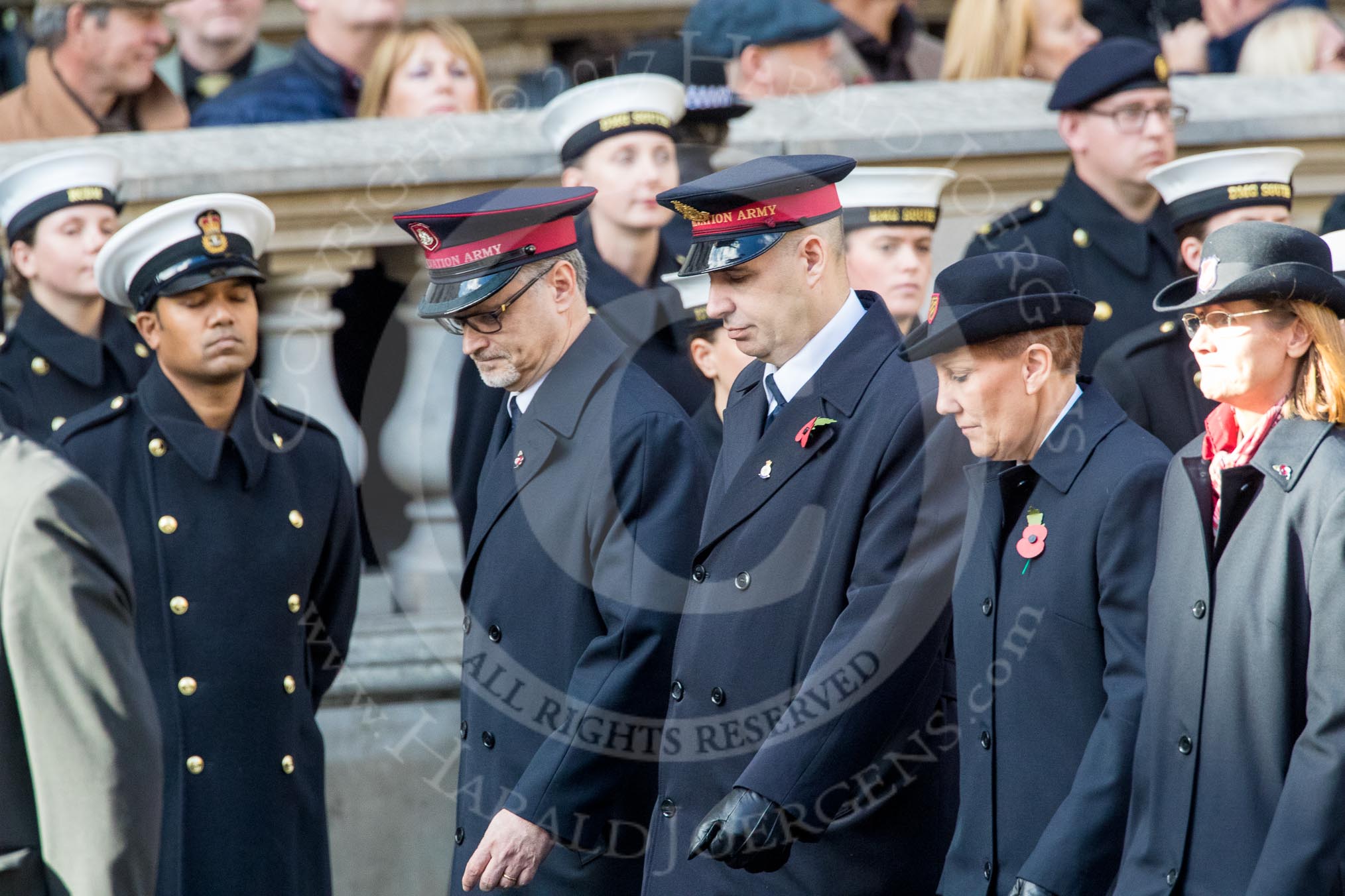The Salvation Army (Group M6, 30 members) during the Royal British Legion March Past on Remembrance Sunday at the Cenotaph, Whitehall, Westminster, London, 11 November 2018, 12:25.