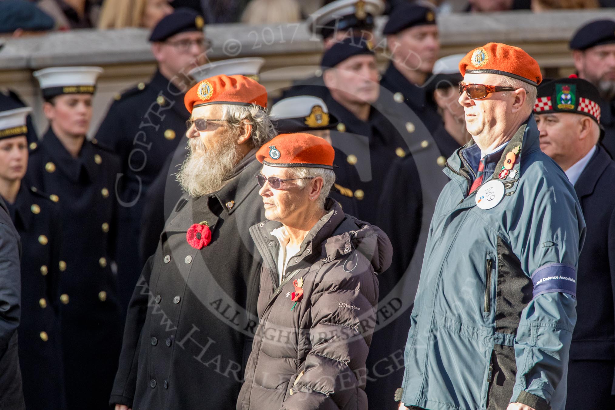 Civil Defence Association  M9, 12 members)  during the Royal British Legion March Past on Remembrance Sunday at the Cenotaph, Whitehall, Westminster, London, 11 November 2018, 12:26.