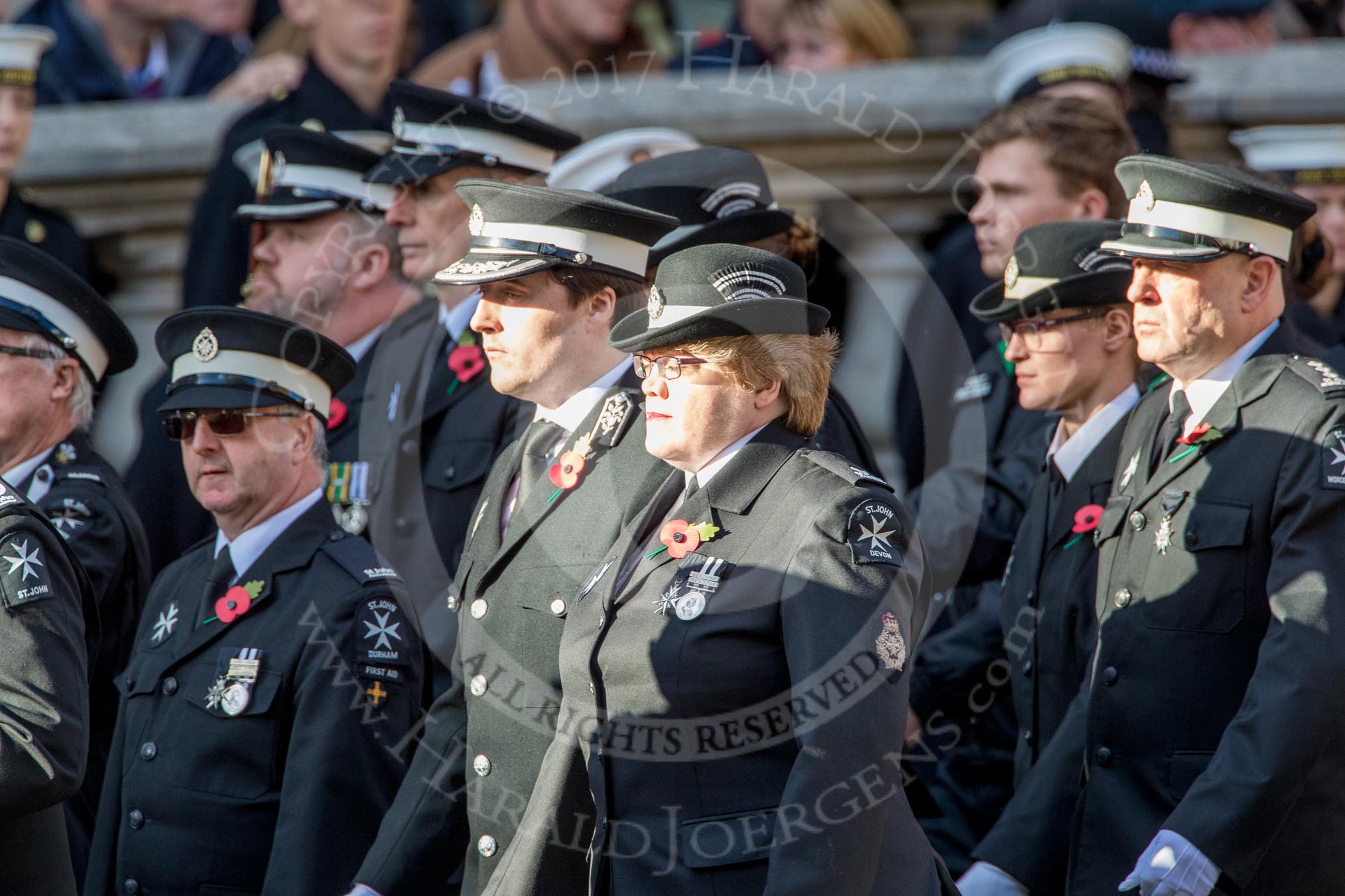 St John Ambulance (Group M12, 25 members) during the Royal British Legion March Past on Remembrance Sunday at the Cenotaph, Whitehall, Westminster, London, 11 November 2018, 12:26.