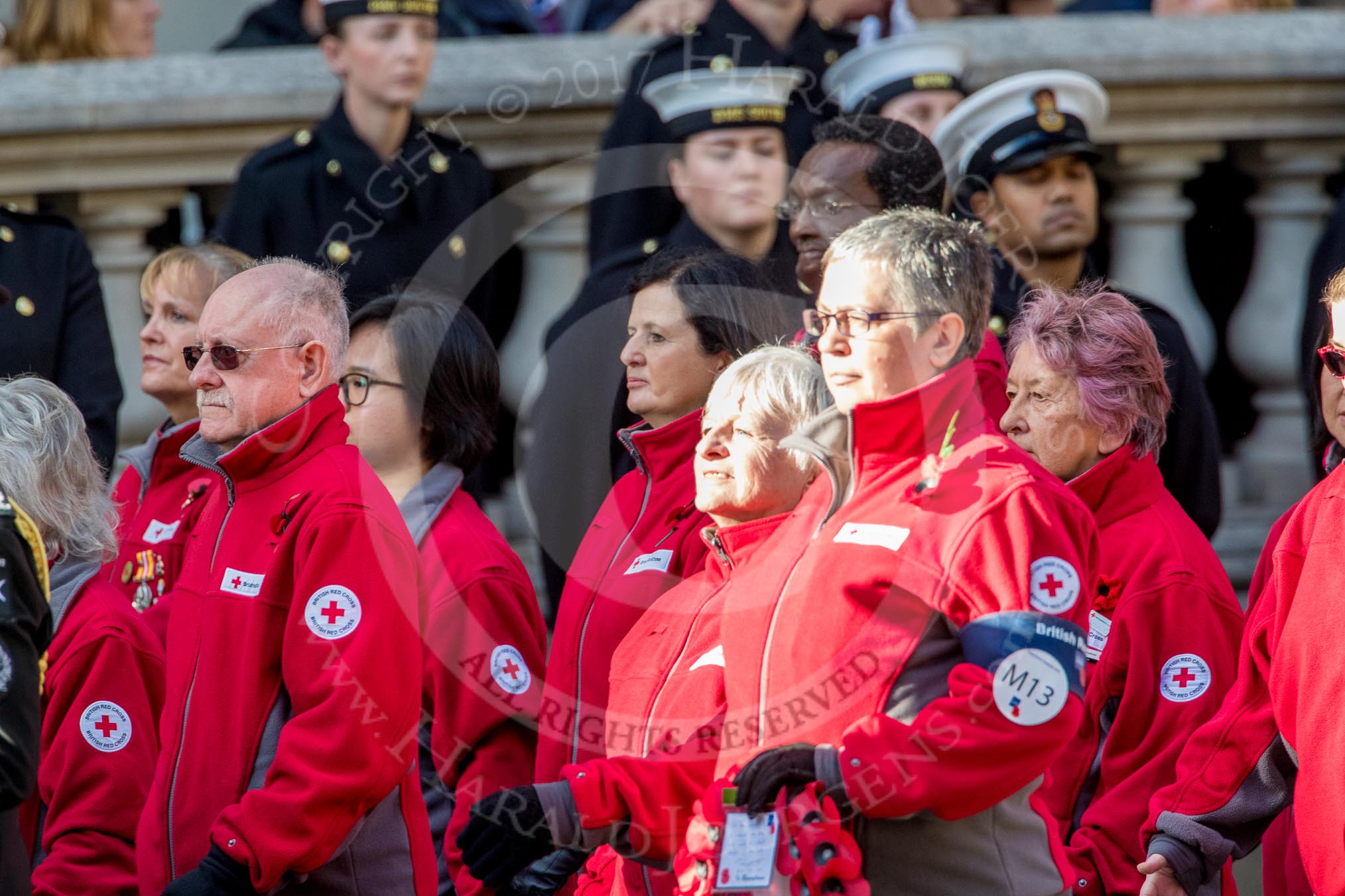 British Red Cross (Group M13, 15 members) during the Royal British Legion March Past on Remembrance Sunday at the Cenotaph, Whitehall, Westminster, London, 11 November 2018, 12:26.