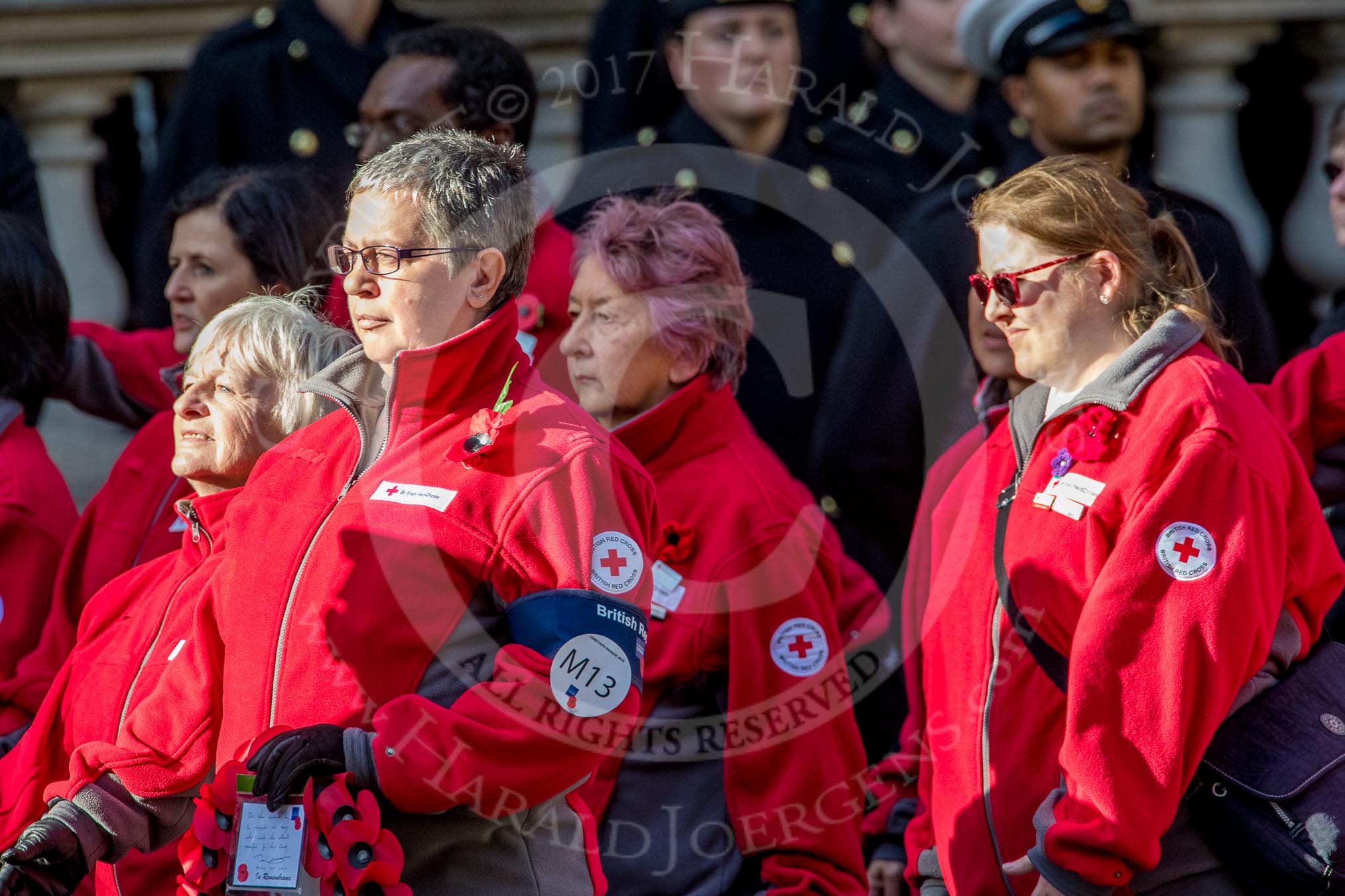 British Red Cross (Group M13, 15 members) during the Royal British Legion March Past on Remembrance Sunday at the Cenotaph, Whitehall, Westminster, London, 11 November 2018, 12:26.