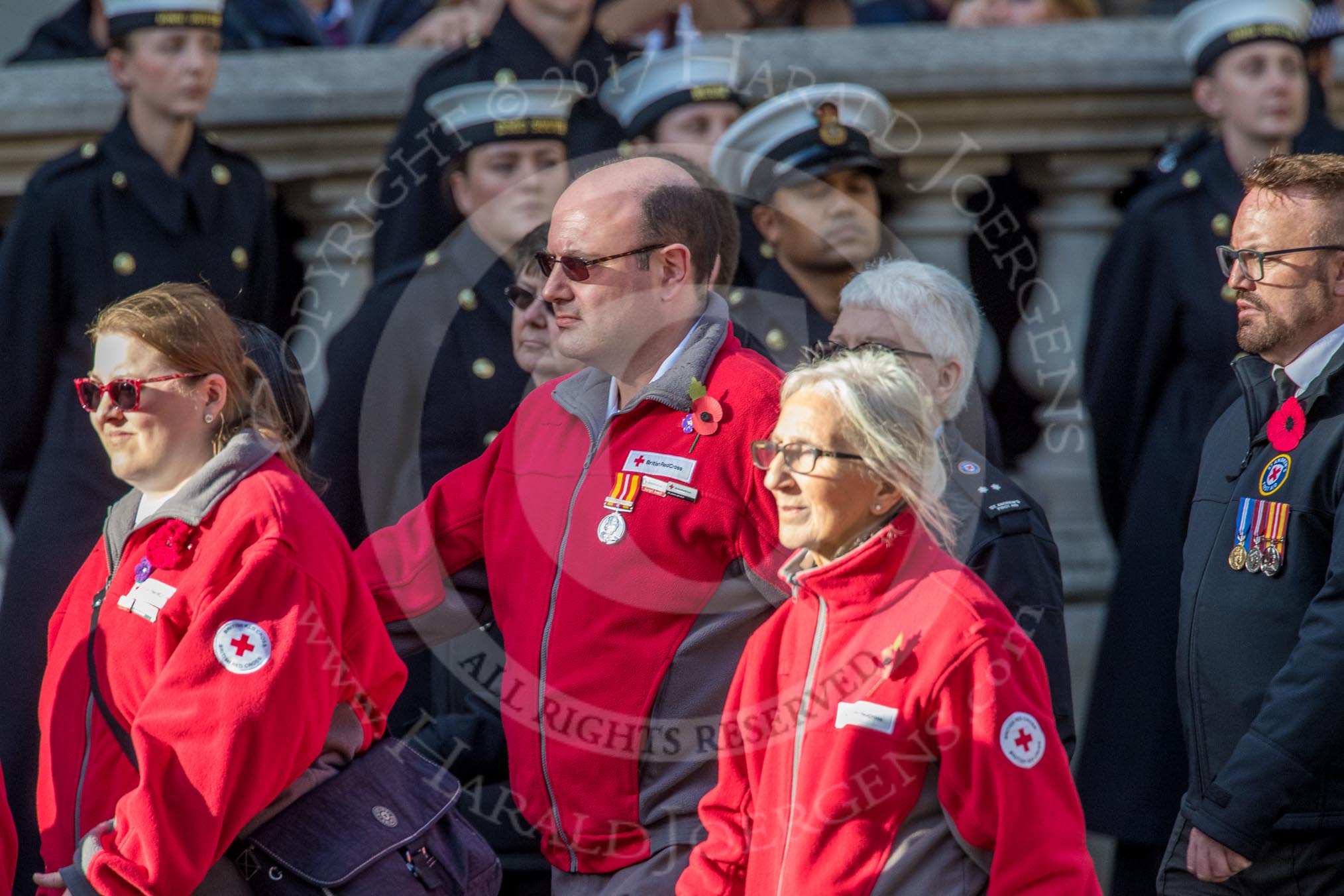 British Red Cross (Group M13, 15 members) during the Royal British Legion March Past on Remembrance Sunday at the Cenotaph, Whitehall, Westminster, London, 11 November 2018, 12:26.