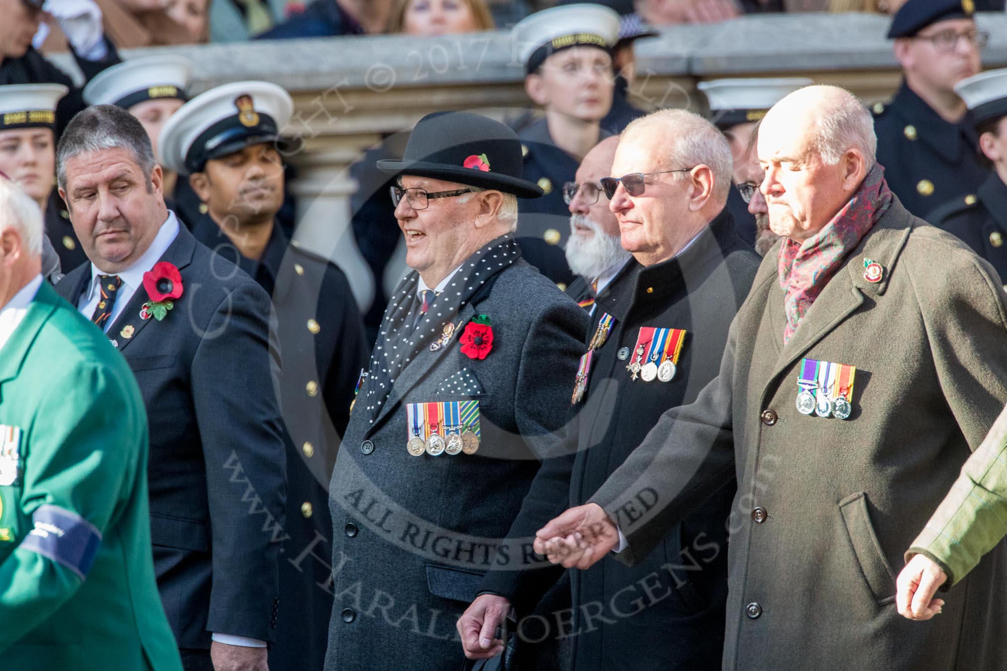 The Firefighters Memorial Trust (Group M16, 25 members) during the Royal British Legion March Past on Remembrance Sunday at the Cenotaph, Whitehall, Westminster, London, 11 November 2018, 12:26.