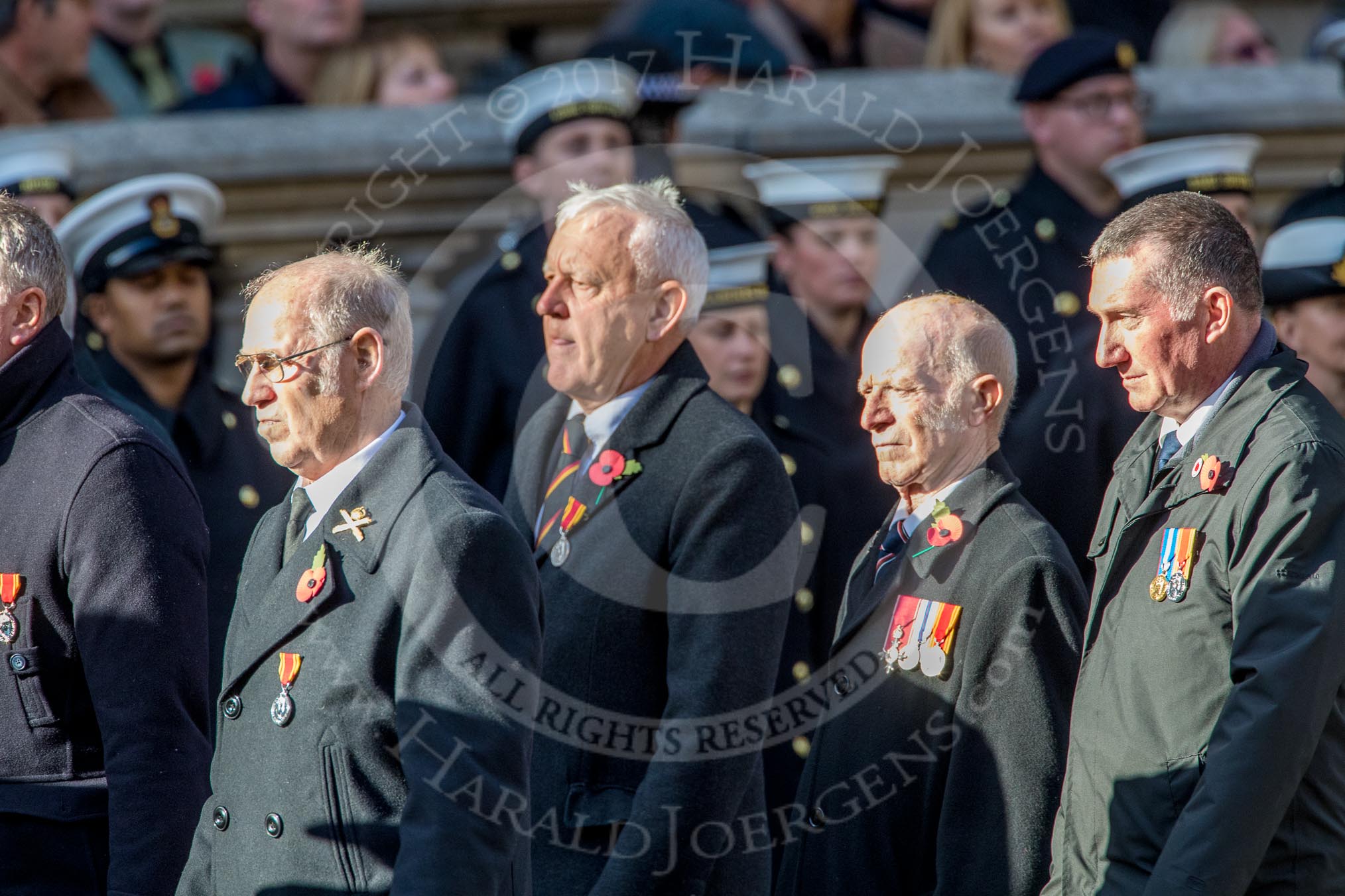 The Firefighters Memorial Trust (Group M16, 25 members) during the Royal British Legion March Past on Remembrance Sunday at the Cenotaph, Whitehall, Westminster, London, 11 November 2018, 12:26..