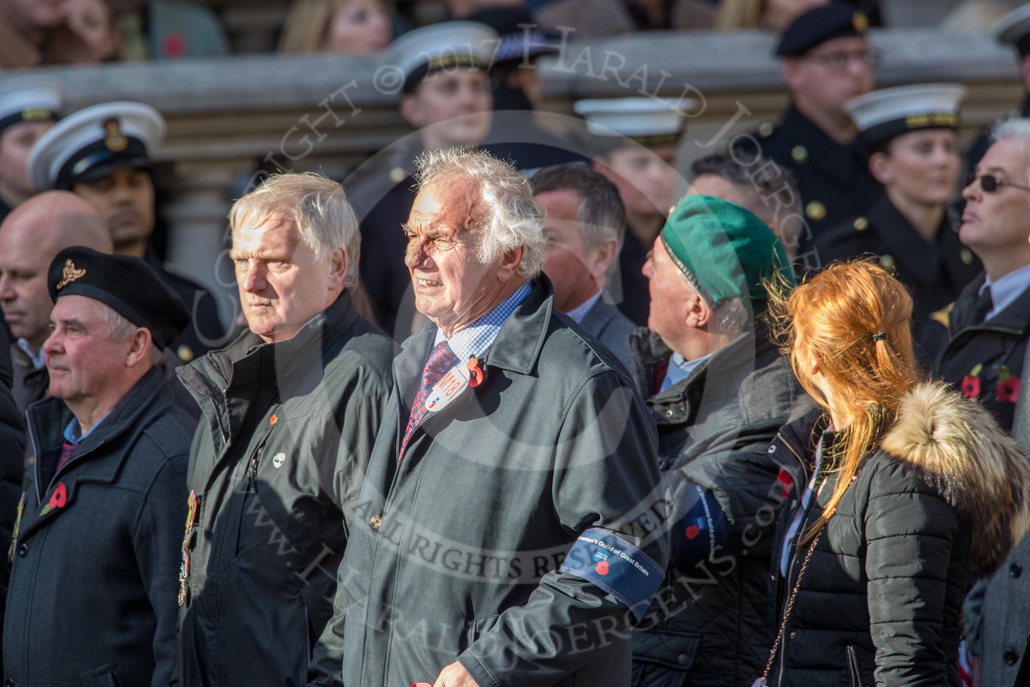 The Showmen's Guild of Great Britain (Group M18, 26 members) during the Royal British Legion March Past on Remembrance Sunday at the Cenotaph, Whitehall, Westminster, London, 11 November 2018, 12:27.