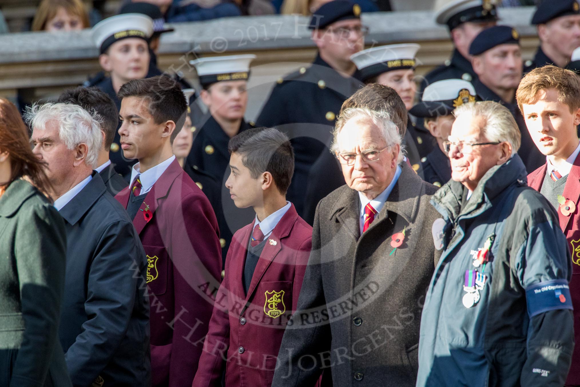 The Old Cryptians Club (Group M22, 18 members) during the Royal British Legion March Past on Remembrance Sunday at the Cenotaph, Whitehall, Westminster, London, 11 November 2018, 12:27.