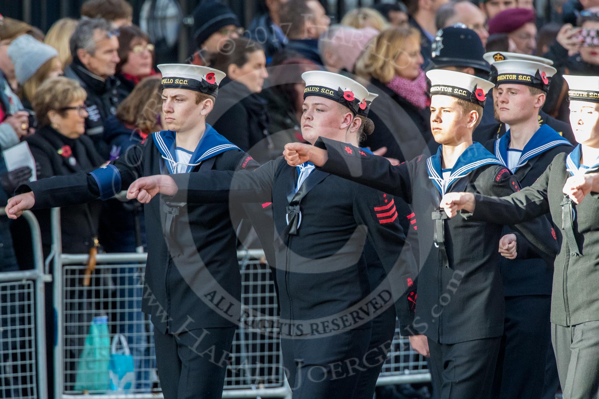 Sea Cadets Corps (Group M35, ?? members) during the Royal British Legion March Past on Remembrance Sunday at the Cenotaph, Whitehall, Westminster, London, 11 November 2018, 12:29.