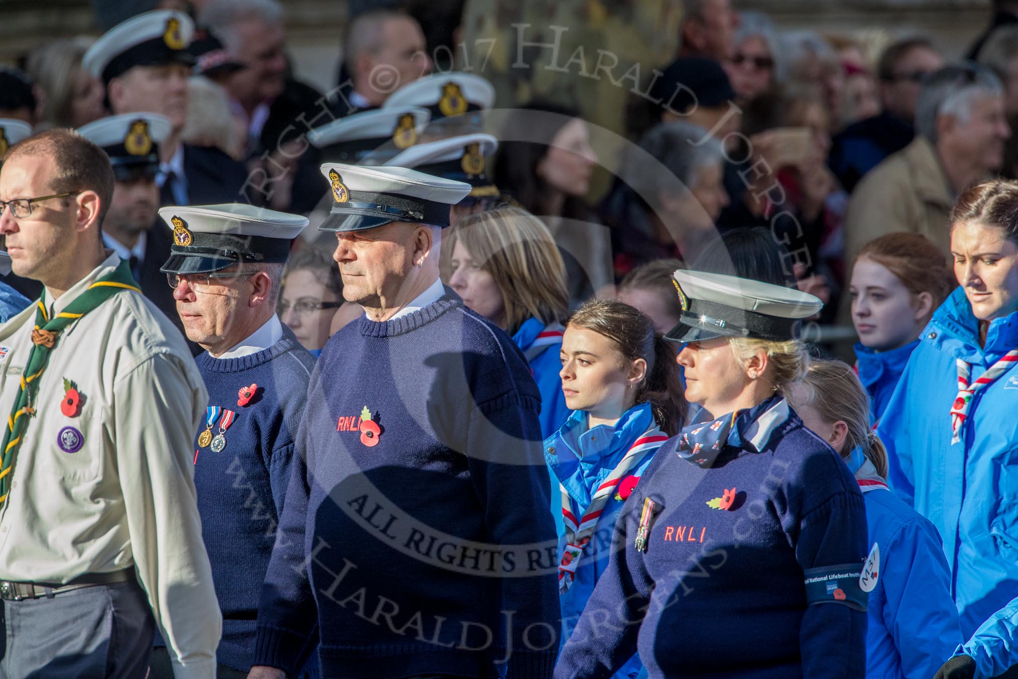 Royal National Lifeboat Institution (Group M37, 6 members) during the Royal British Legion March Past on Remembrance Sunday at the Cenotaph, Whitehall, Westminster, London, 11 November 2018, 12:30.