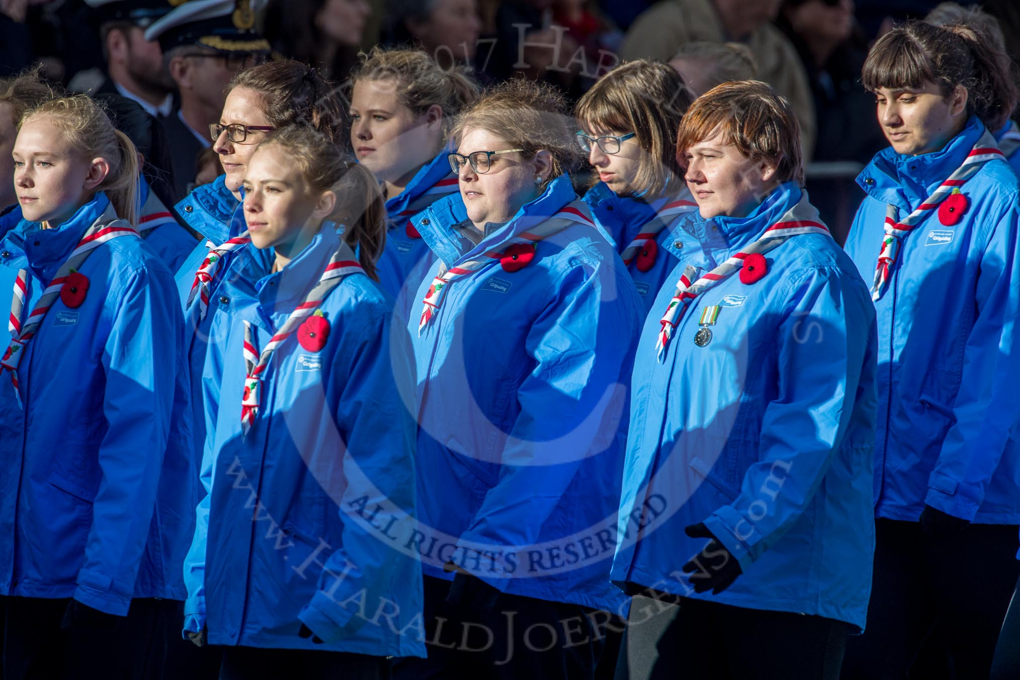 Girlguiding London and South East England(Group M38, 40 members) during the Royal British Legion March Past on Remembrance Sunday at the Cenotaph, Whitehall, Westminster, London, 11 November 2018, 12:30.