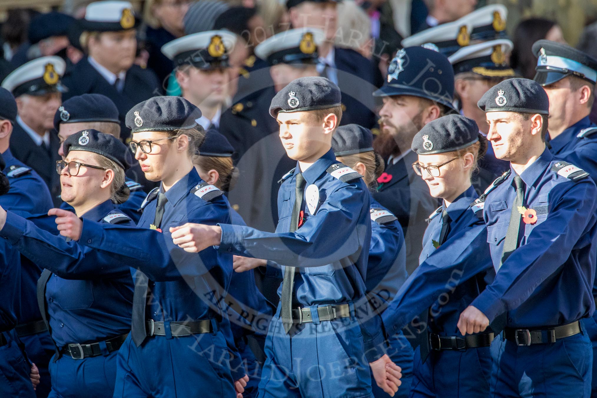 Metropolitan Police Volunteer Police Cadets (Group M42, 16 members) during the Royal British Legion March Past on Remembrance Sunday at the Cenotaph, Whitehall, Westminster, London, 11 November 2018, 12:31.