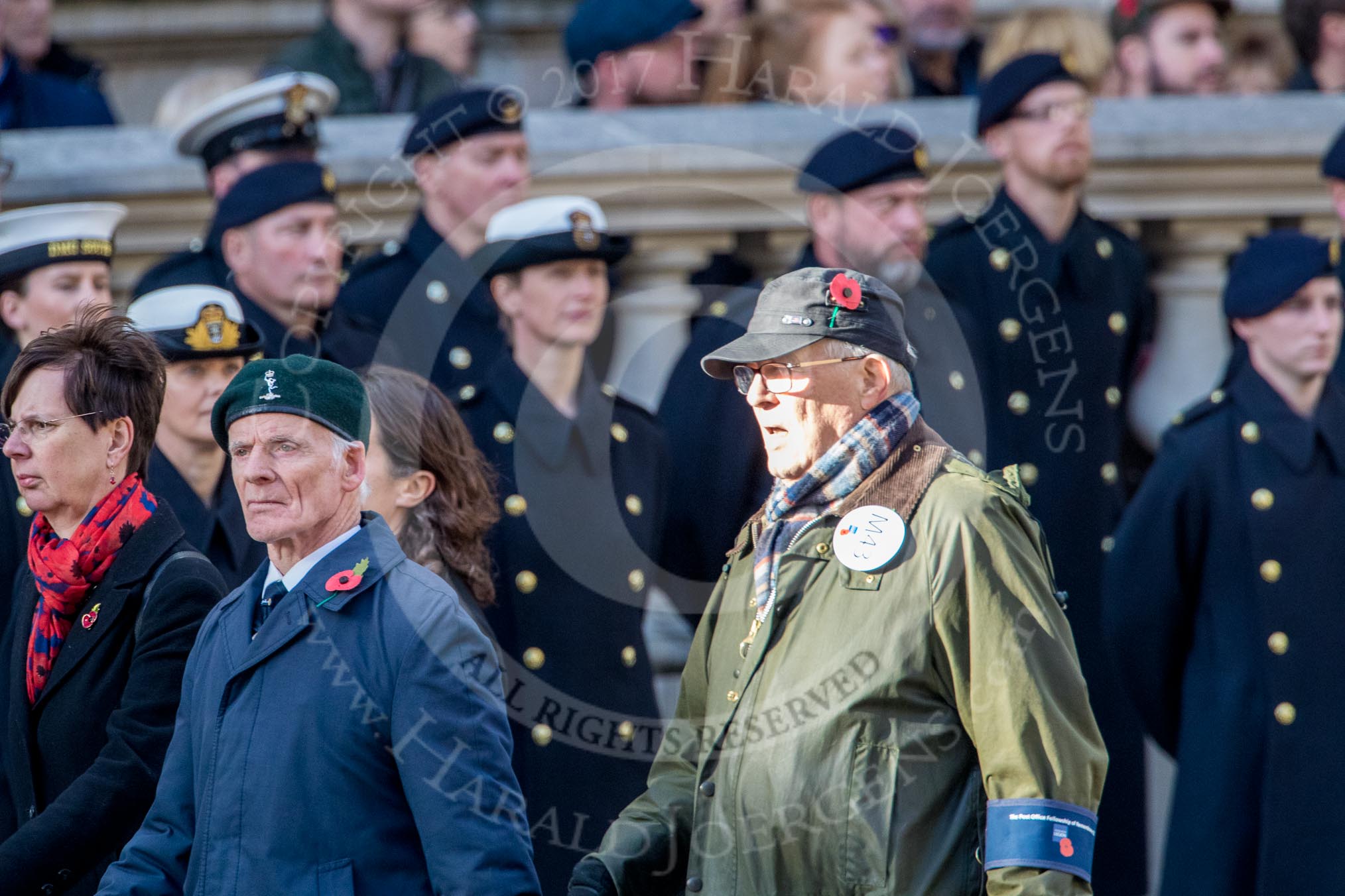 The Post Office Fellowship of Remembrance (Group M43, 8 members) during the Royal British Legion March Past on Remembrance Sunday at the Cenotaph, Whitehall, Westminster, London, 11 November 2018, 12:31.