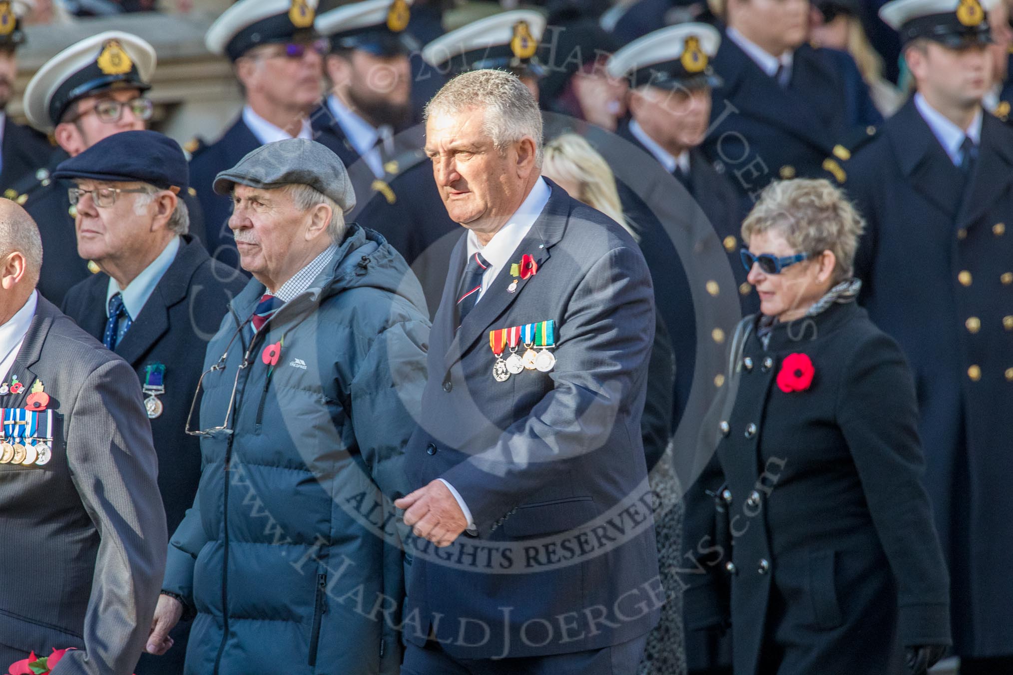 Union Jack Club (Group M46, 12 members) during the Royal British Legion March Past on Remembrance Sunday at the Cenotaph, Whitehall, Westminster, London, 11 November 2018, 12:31.