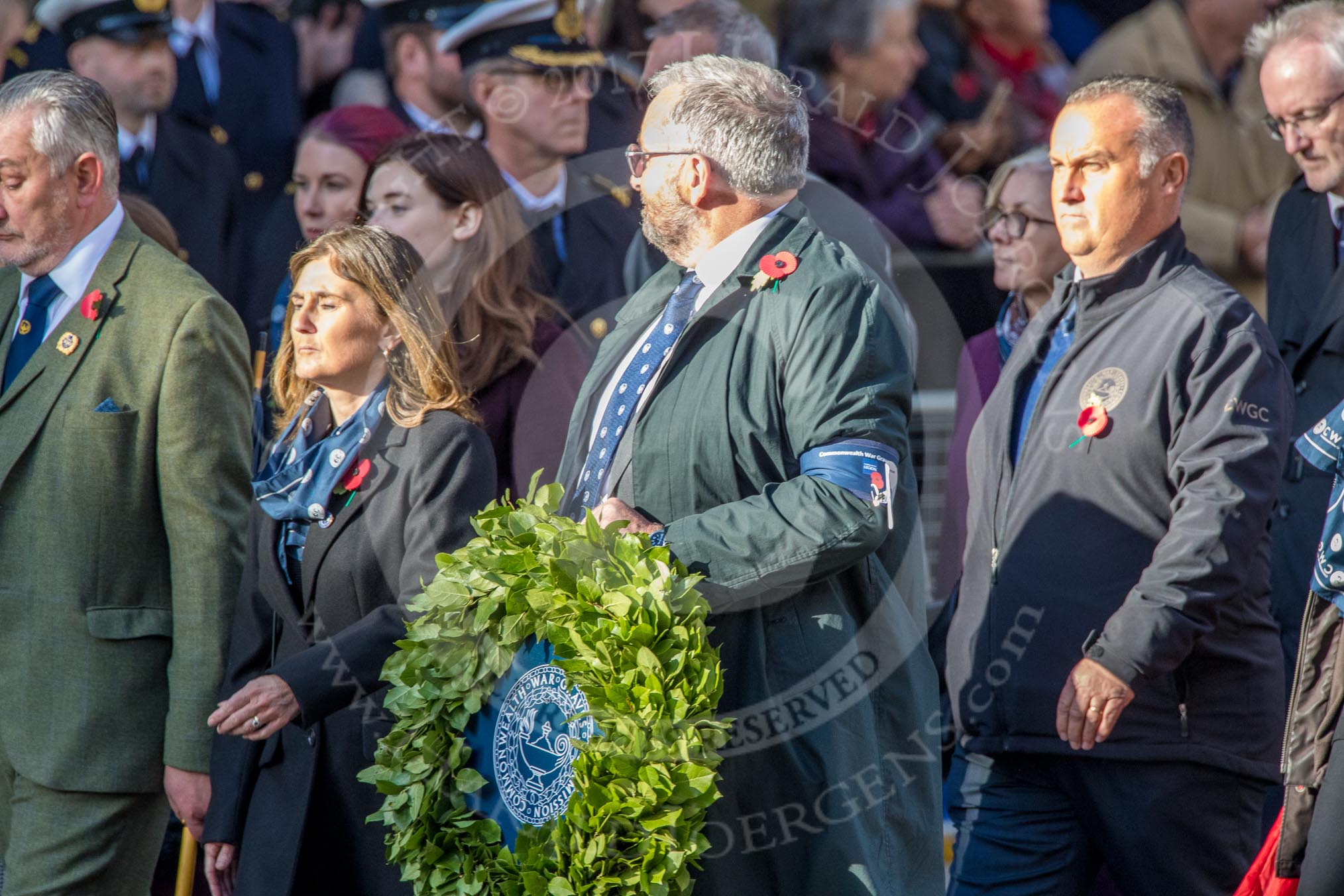 Commonwealth War Graves Commission (Group M50, 19 members) during the Royal British Legion March Past on Remembrance Sunday at the Cenotaph, Whitehall, Westminster, London, 11 November 2018, 12:31.
