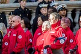 British Red Cross (Group M13, 15 members) during the Royal British Legion March Past on Remembrance Sunday at the Cenotaph, Whitehall, Westminster, London, 11 November 2018, 12:26.