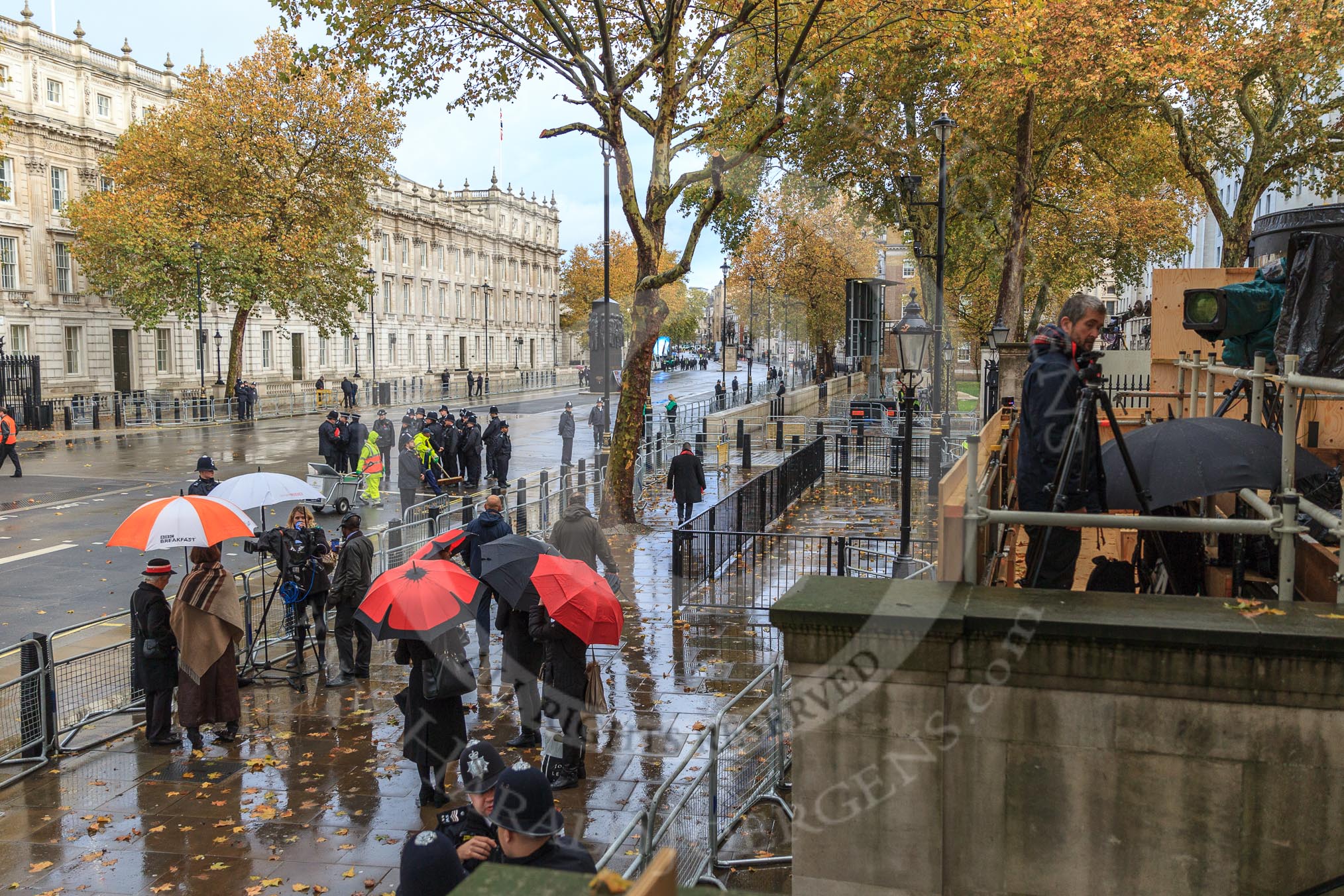 Whitehall on a wet morning before the Remembrance Sunday Cenotaph Ceremony 2018 at Horse Guards Parade, Westminster, London, 11 November 2018, 08:08.