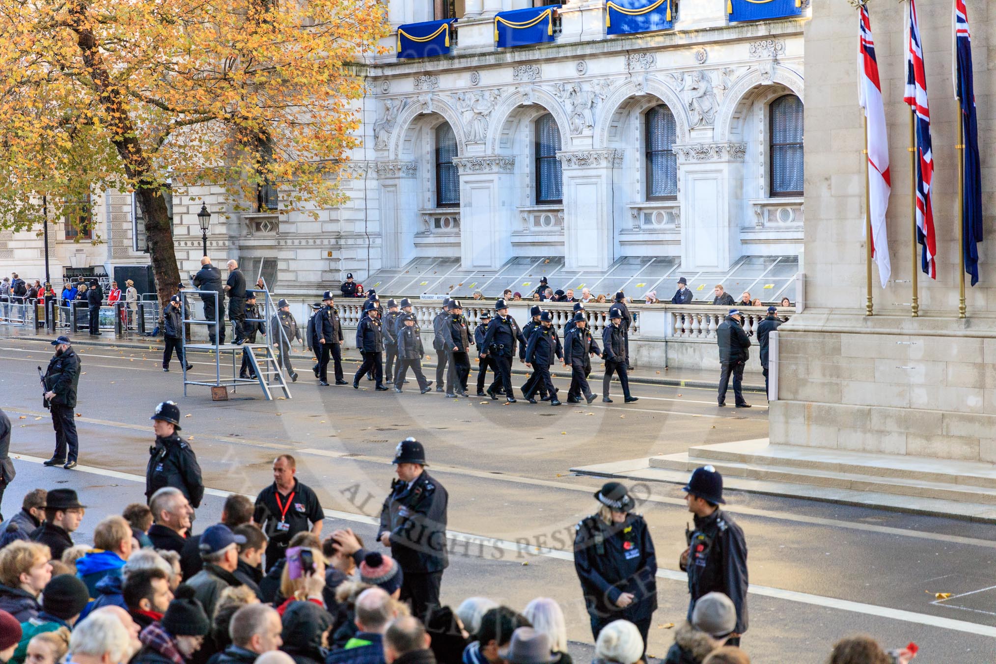 More police arriving on Whitehall before the  Remembrance Sunday Cenotaph Ceremony 2018 at Horse Guards Parade, Westminster, London, 11 November 2018, 08:38.