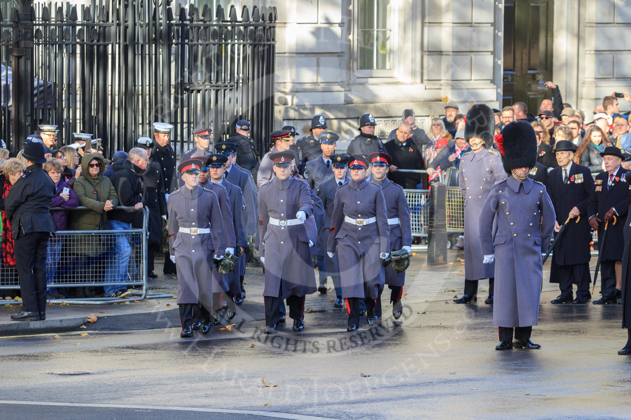 The group of stretcher bearers is leaving Downing Street to take their positions on Whitehall before the Remembrance Sunday Cenotaph Ceremony 2018 at Horse Guards Parade, Westminster, London, 11 November 2018, 10:08.