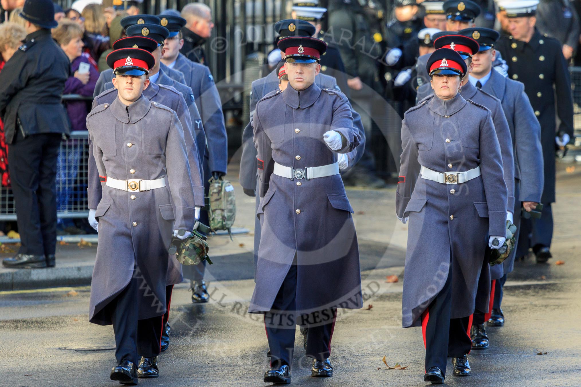 The group of stretcher bearers is leaving Downing Street to take their positions on Whitehall before the Remembrance Sunday Cenotaph Ceremony 2018 at Horse Guards Parade, Westminster, London, 11 November 2018, 10:08.