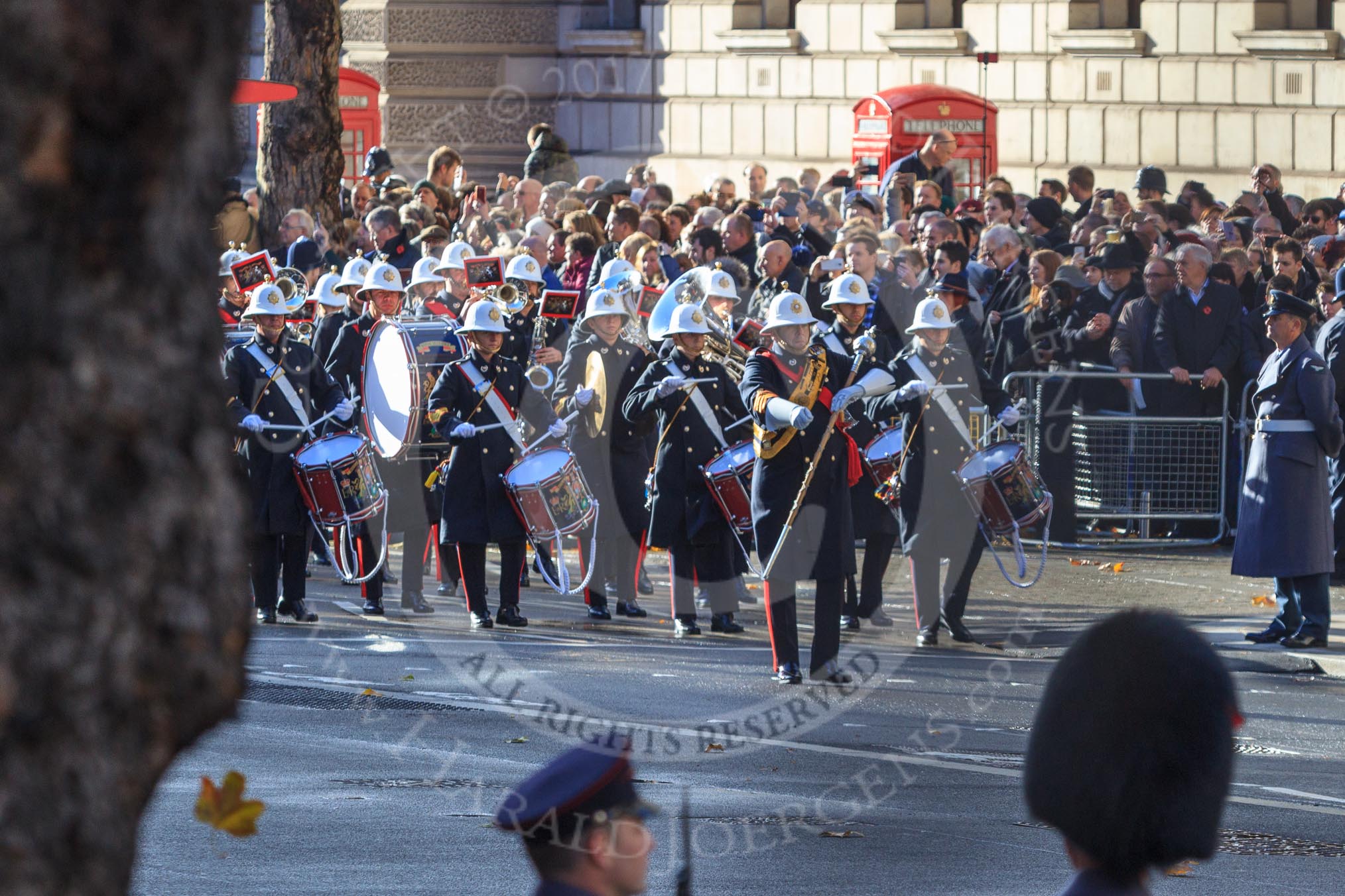 The Band of the Royal Marines arrives on Whitehall before the Remembrance Sunday Cenotaph Ceremony 2018 at Horse Guards Parade, Westminster, London, 11 November 2018, 10:17.