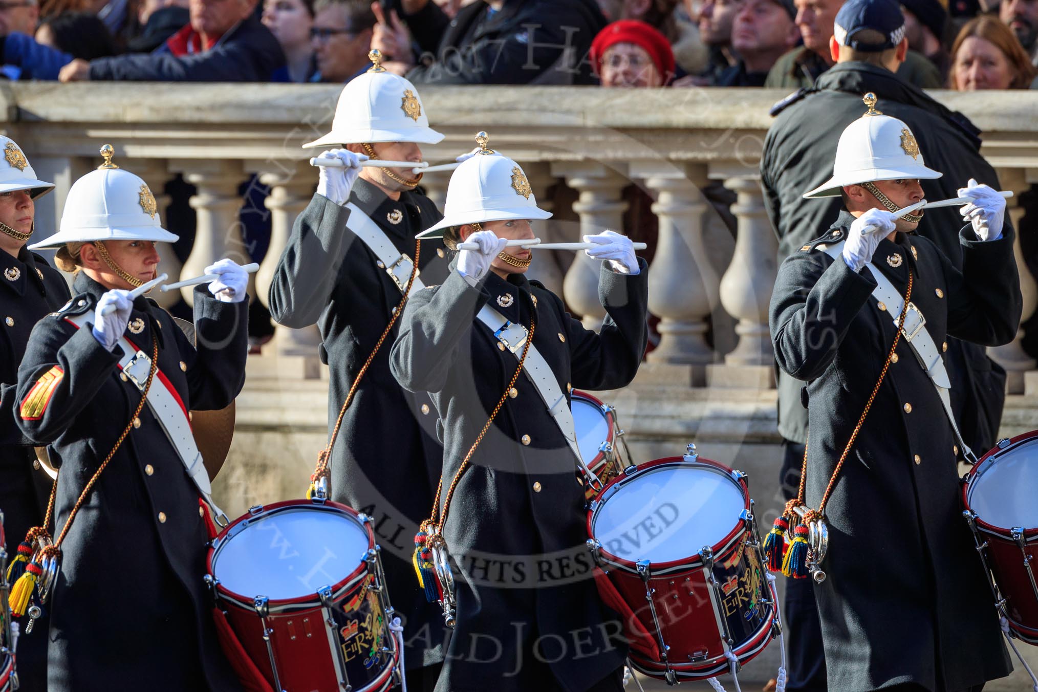 The Band of the Royal Marines arrives on Whitehall before the Remembrance Sunday Cenotaph Ceremony 2018 at Horse Guards Parade, Westminster, London, 11 November 2018, 10:17.