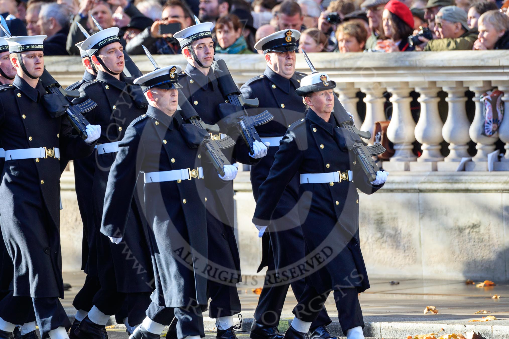 The Service detachment from the Royal Navy arrives on Whitehall before the Remembrance Sunday Cenotaph Ceremony 2018 at Horse Guards Parade, Westminster, London, 11 November 2018, 10:18.