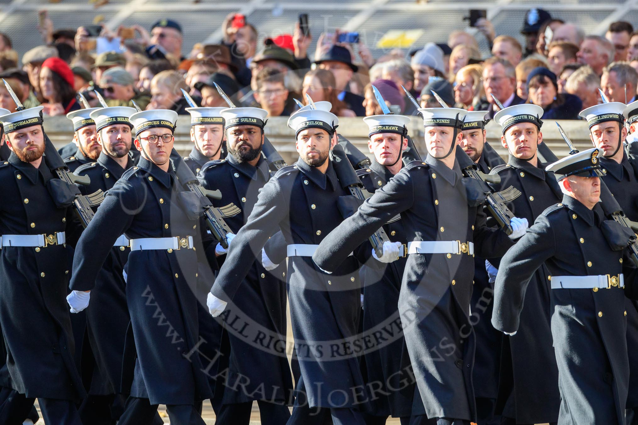 The Service detachment from the Royal Navy arrives on Whitehall before the Remembrance Sunday Cenotaph Ceremony 2018 at Horse Guards Parade, Westminster, London, 11 November 2018, 10:18.