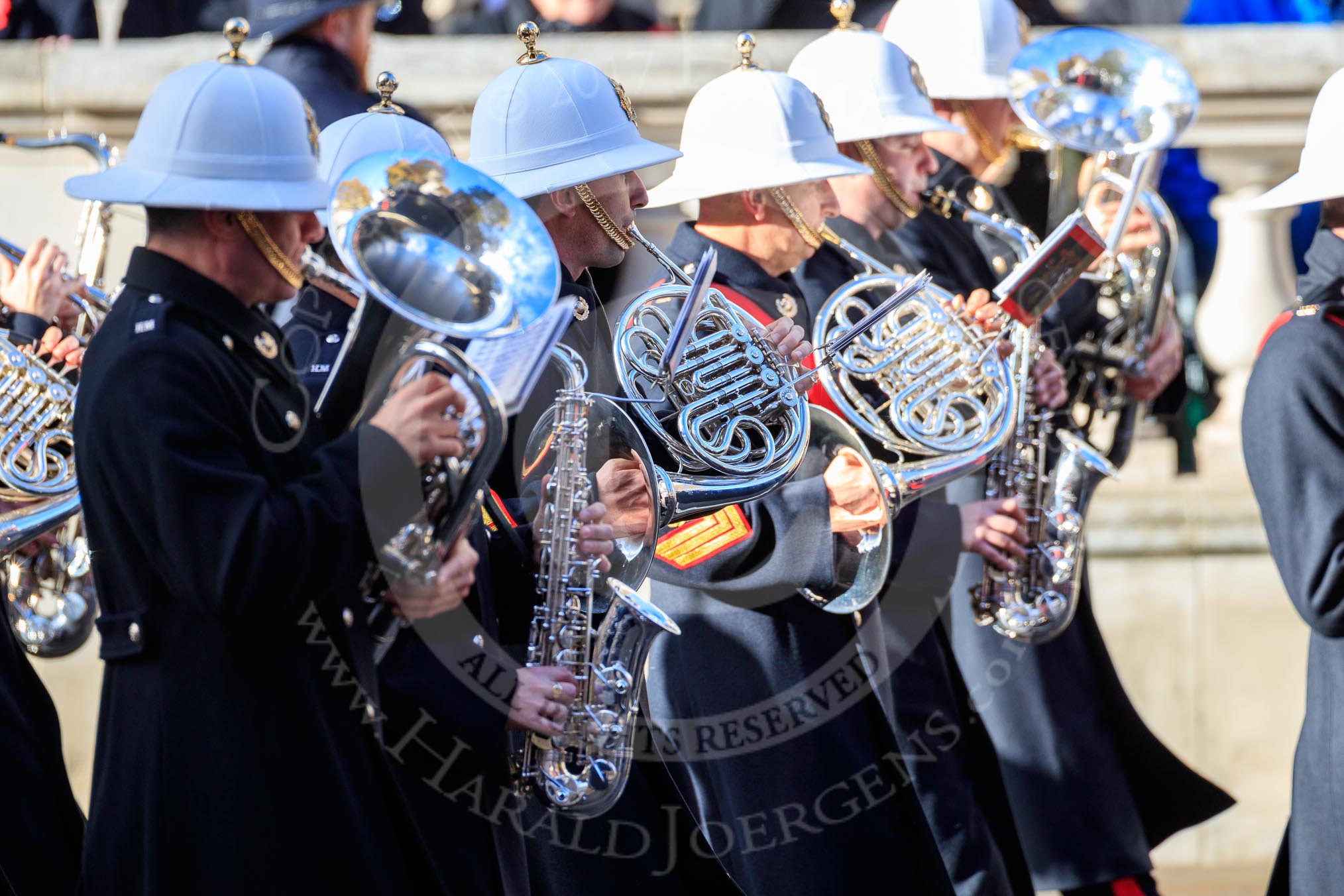 Musicians of the Band of the Royal Marines on Whitehall before the Remembrance Sunday Cenotaph Ceremony 2018 at Horse Guards Parade, Westminster, London, 11 November 2018, 10:18.