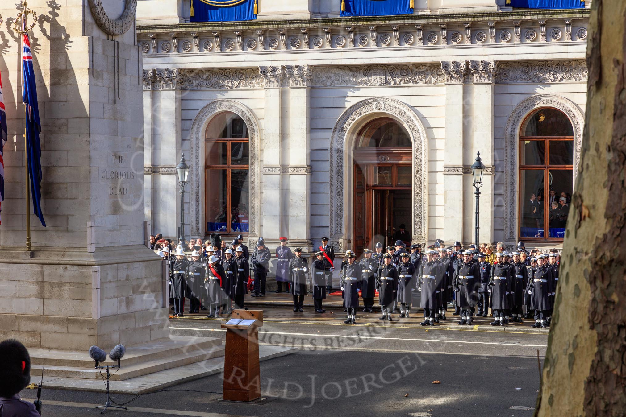 The entrance of the Foreign and Commonwealth Office with the Service detachment from the Royal Marines on the left, and the Service detachment from the Royal Navy on the right, before the Remembrance Sunday Cenotaph Ceremony 2018 at Horse Guards Parade, Westminster, London, 11 November 2018, 10:20.