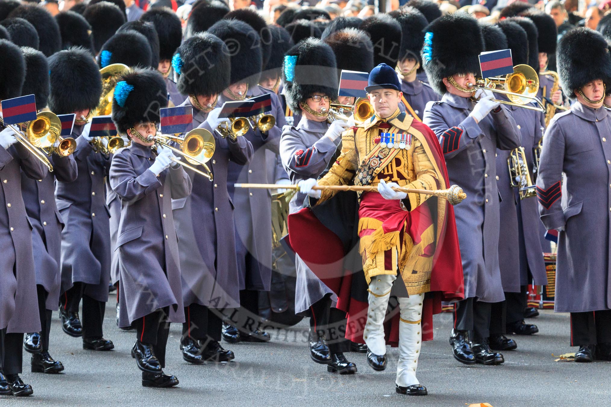 The third of the Massed Bands, the Band of the Irish Guards, led by Senior Drum Major Household Division, Damian Thomas, Grenadier Guards, arrives on Whitehall before the Remembrance Sunday Cenotaph Ceremony 2018 at Horse Guards Parade, Westminster, London, 11 November 2018, 10:27.