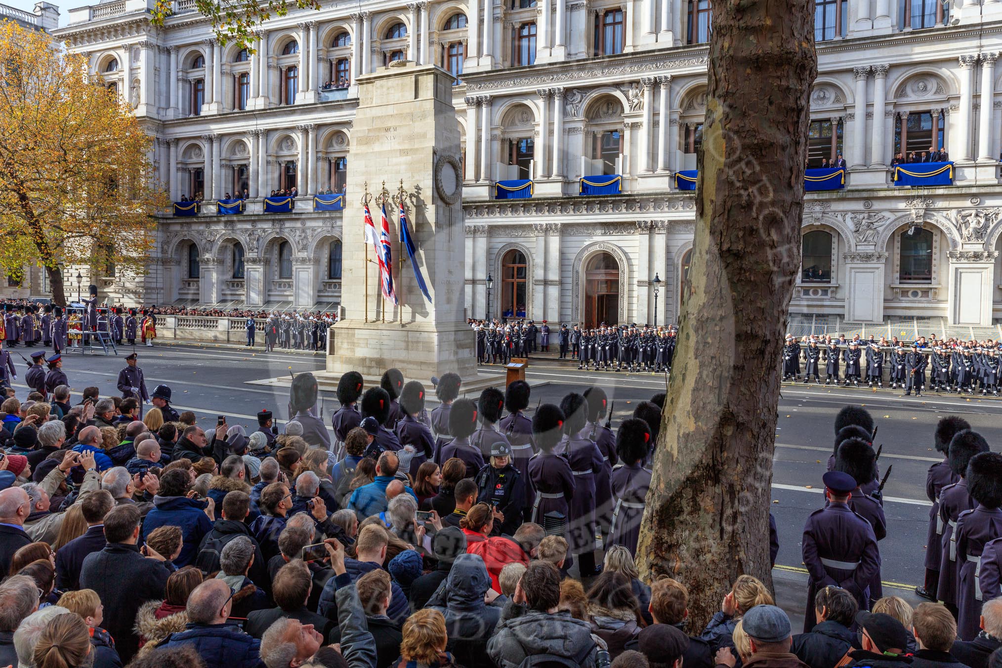 Whitehall with the Cenotaph 32 minutes before the start of the Remembrance Sunday Cenotaph Ceremony 2018 at Horse Guards Parade, Westminster, London, 11 November 2018, 10:28.